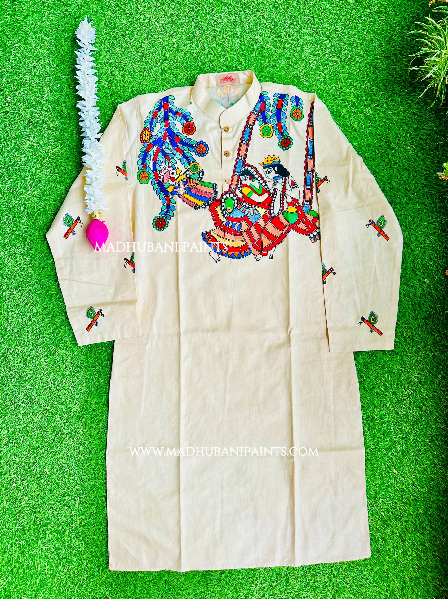 RADHA RAMAN Hand-painted Beige Handloom Men's Cotton Kurta