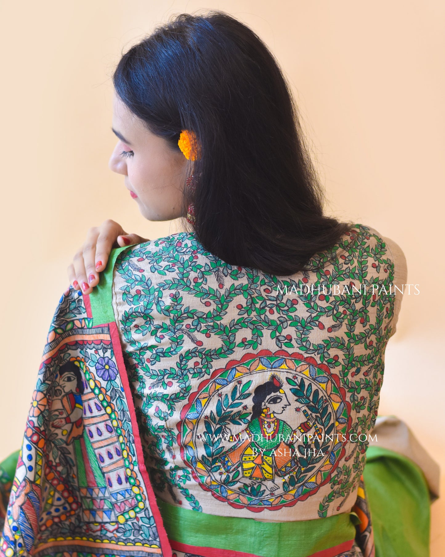 "Hariyali Ramayan" Hand-painted Madhubani Tussar Silk Saree Blouse Set