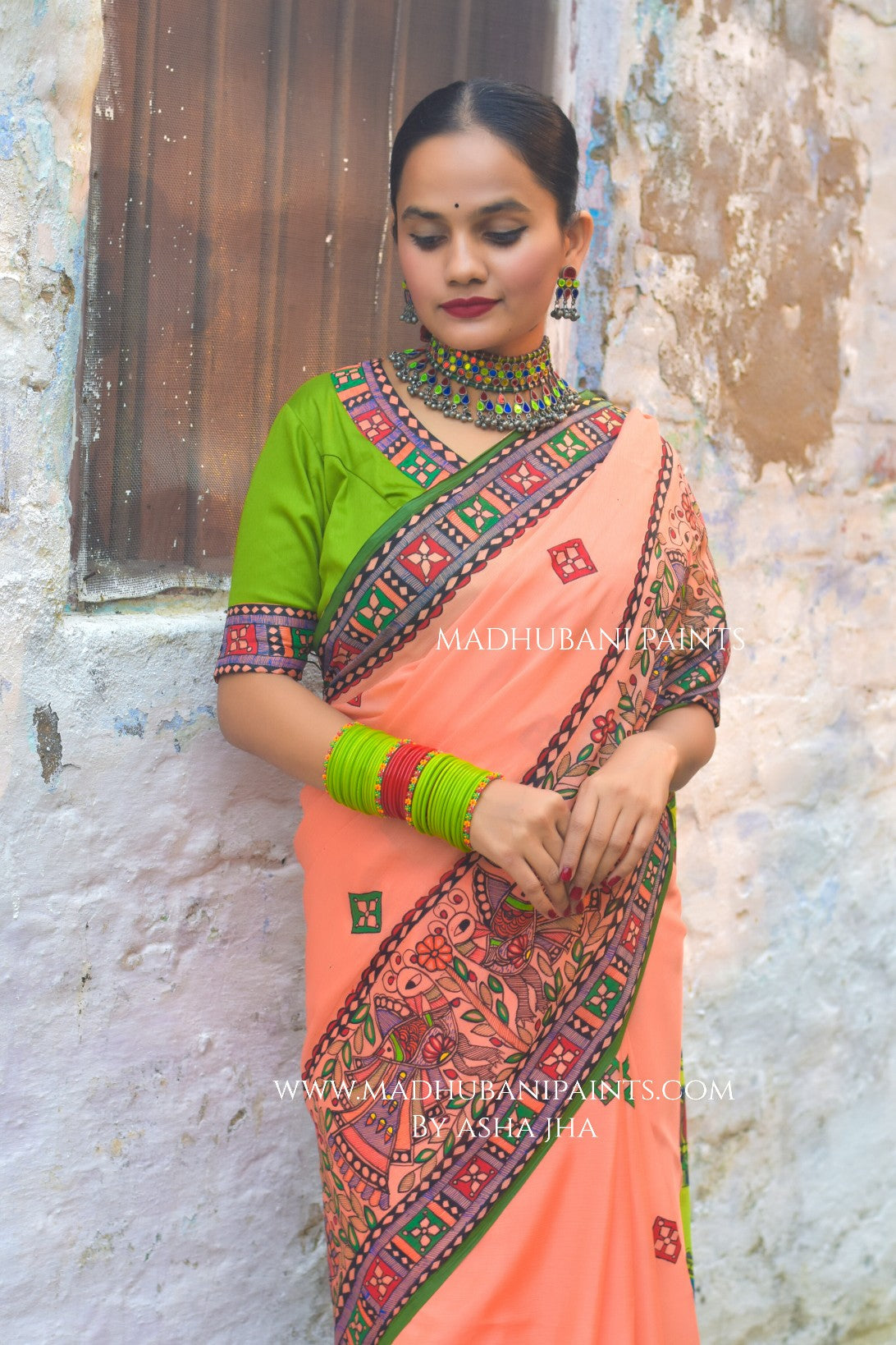 Radha Raman Prem Manjari Hand-painted Madhubani Chiffon Saree Blouse Set
