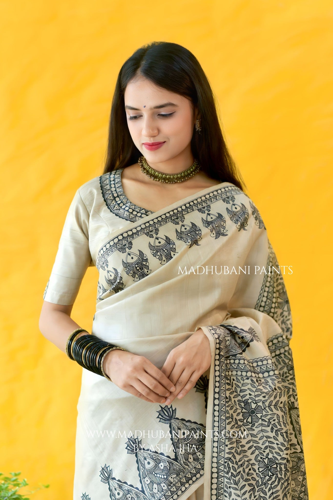 KAMAL MANDALI Hand-painted Madhubani Tussar Silk Saree Blouse Set