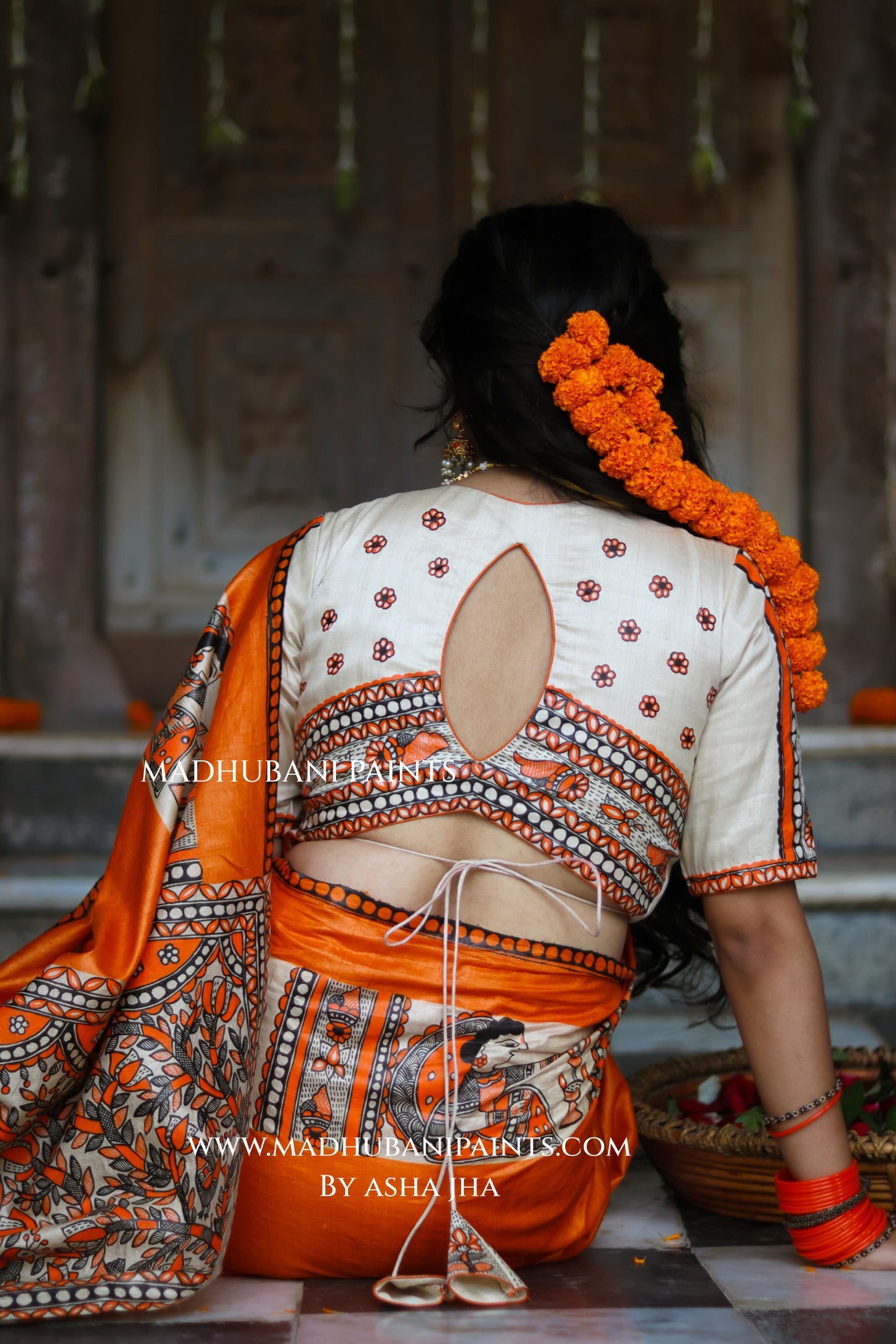 KESARIYA NAINTARA Handpainted Tussar Silk Madhubani Saree Blouse Set