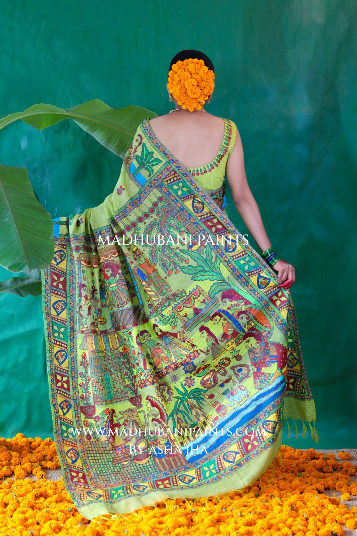 HARIYALI CHHATH Handpainted Madhubani Chanderi Saree Blouse Set