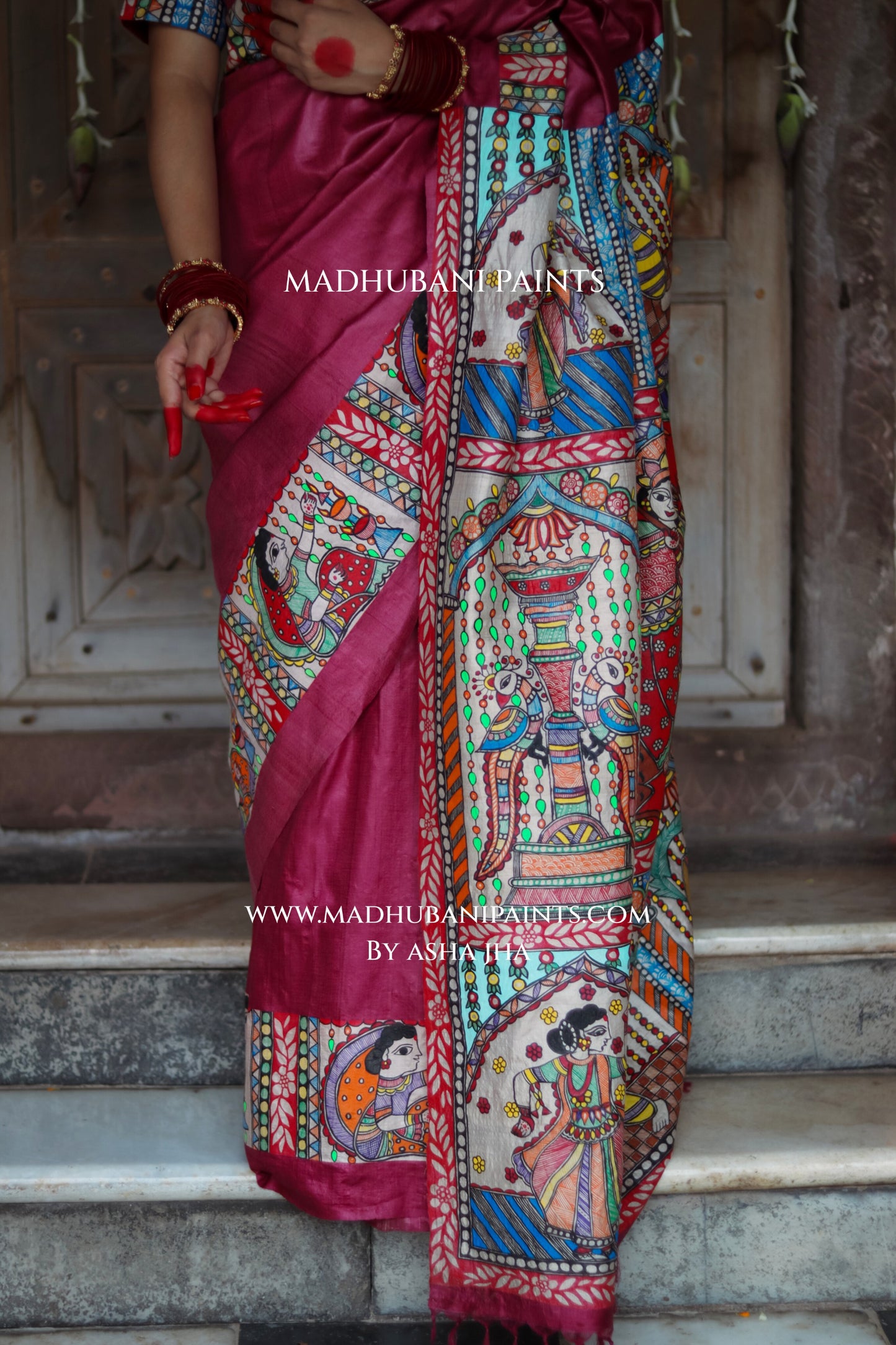 KAMAKHYA Handpainted Tussar Silk Madhubani Saree Blouse Set