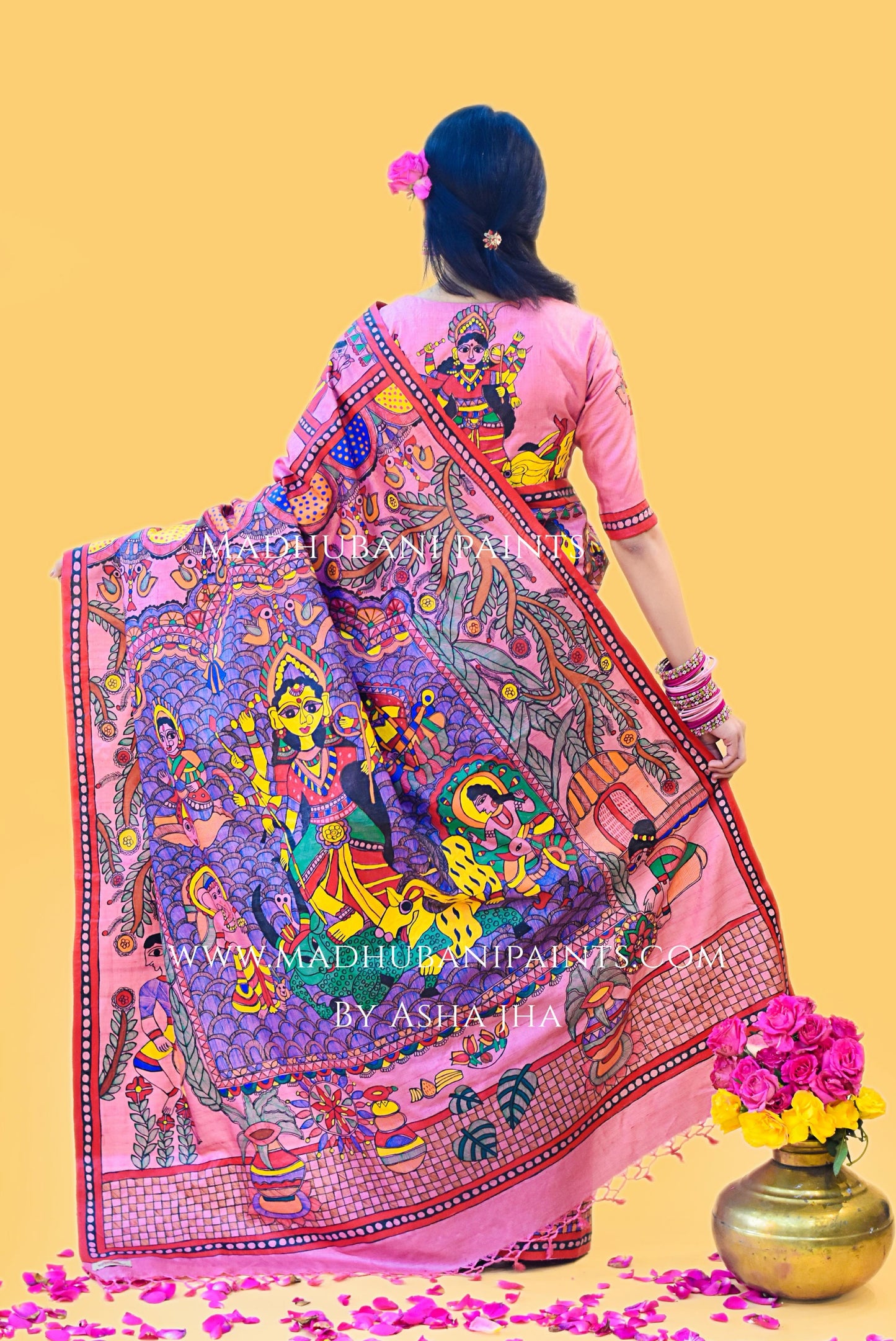 "GULABI DURGA" Handpainted Madhubani Bandhini Tussar Silk Saree Blouse set
