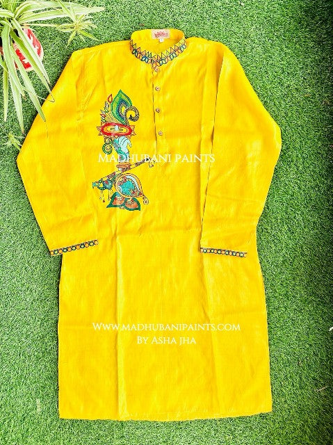 Yellow Krishna's Mor Paankh Hand-painted Madhubani Men's Tussar Silk Kurta