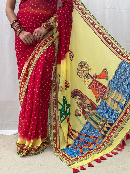 BHAKTI BHAVA Chhath Puja Hand painted Madhubani Bandhini Georgette Saree Blouse Set