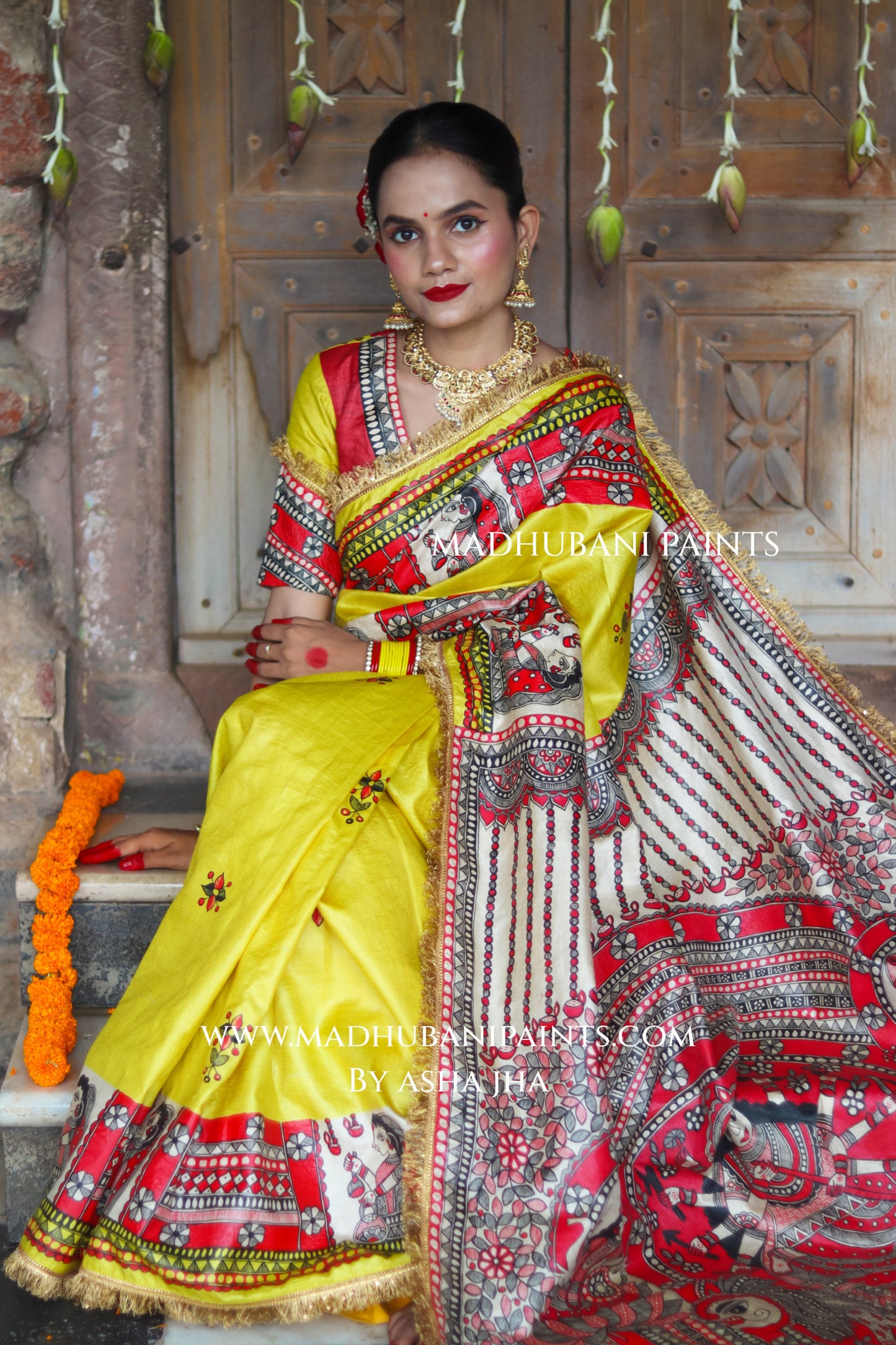 TARA Handpainted Tussar Silk Madhubani Saree Blouse Set