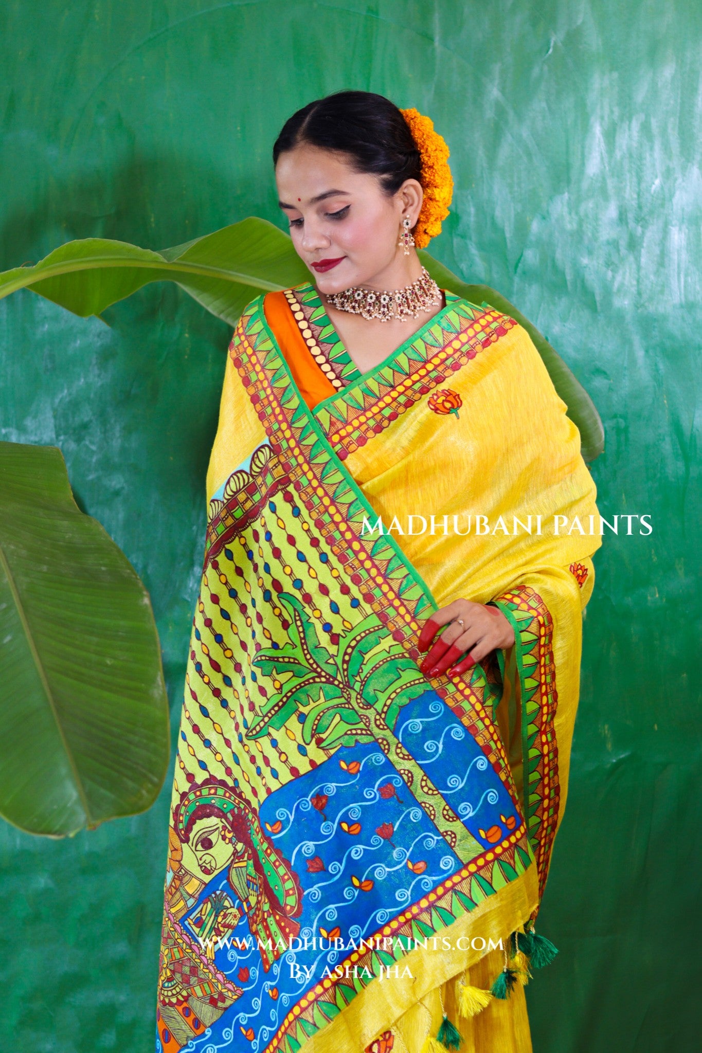 VRATI Chhath Puja Handpainted Madhubani Tissue Linen Saree Blouse Set