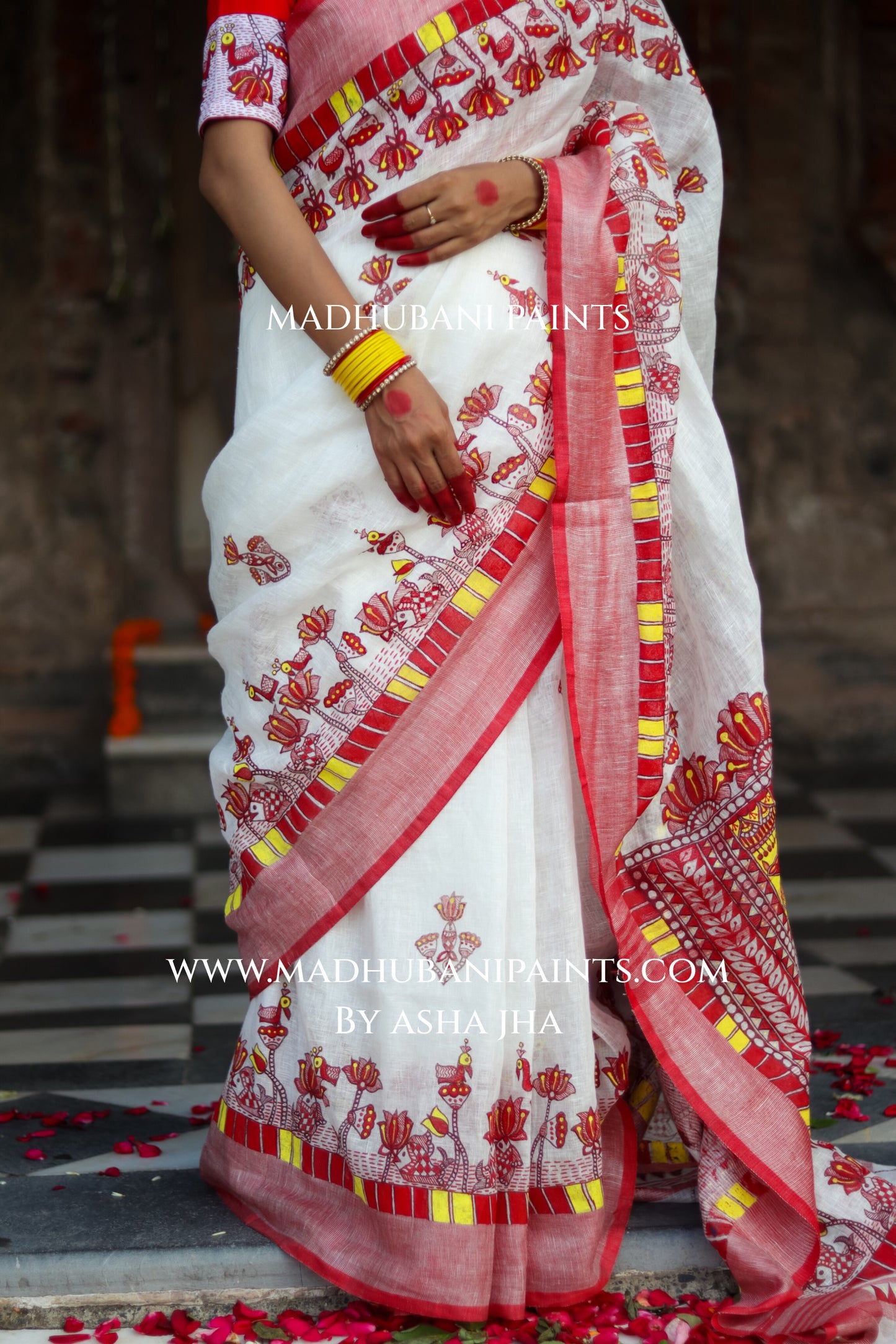 KAMLA Handpainted Linen Madhubani Saree Blouse Set