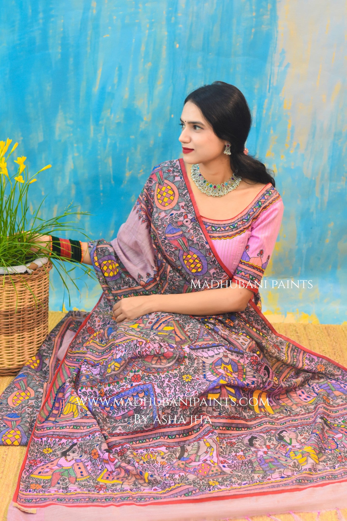 "Gulabi Ramayan" Hand-painted Madhubani Chanderi Saree Blouse Set