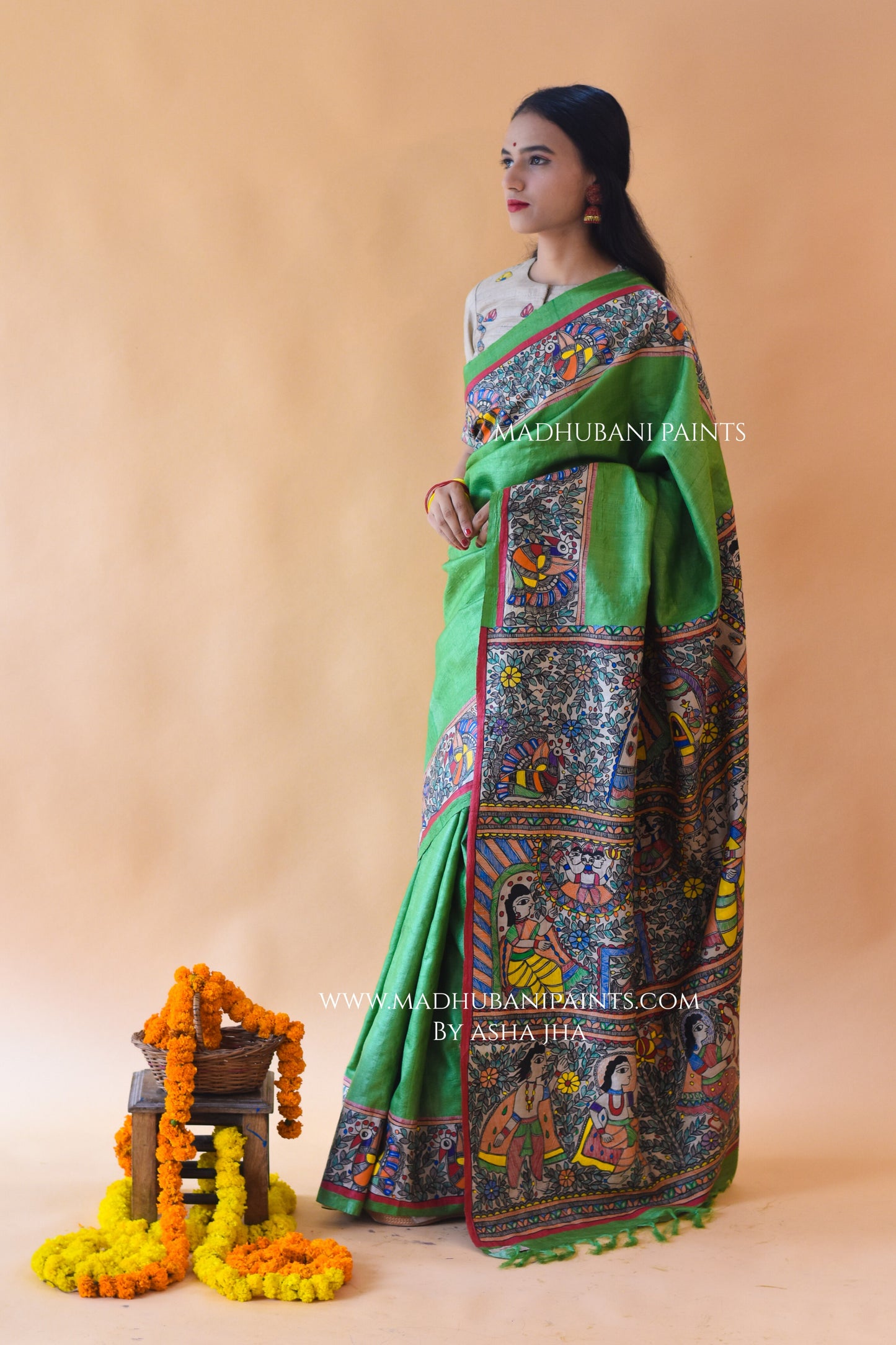 "Hariyali Ramayan" Hand-painted Madhubani Tussar Silk Saree Blouse Set