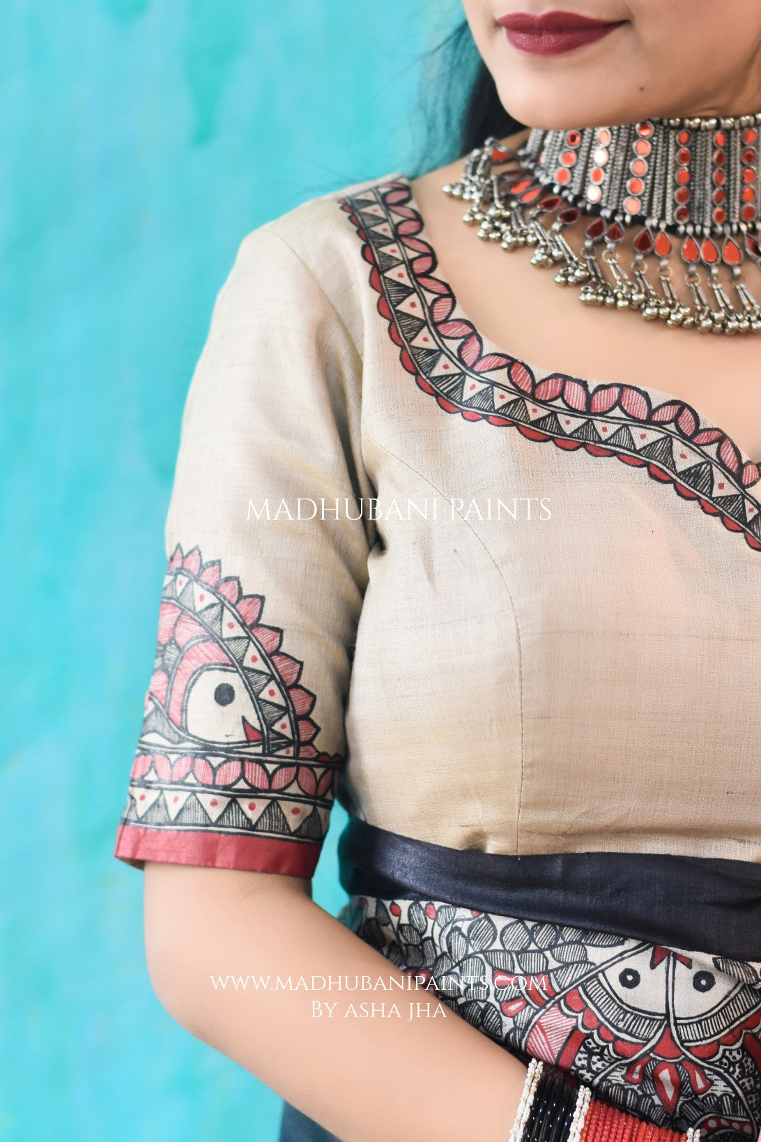 'MATSYA MANJARI' Hand-painted Madhubani Tussar Silk Saree Blouse Set