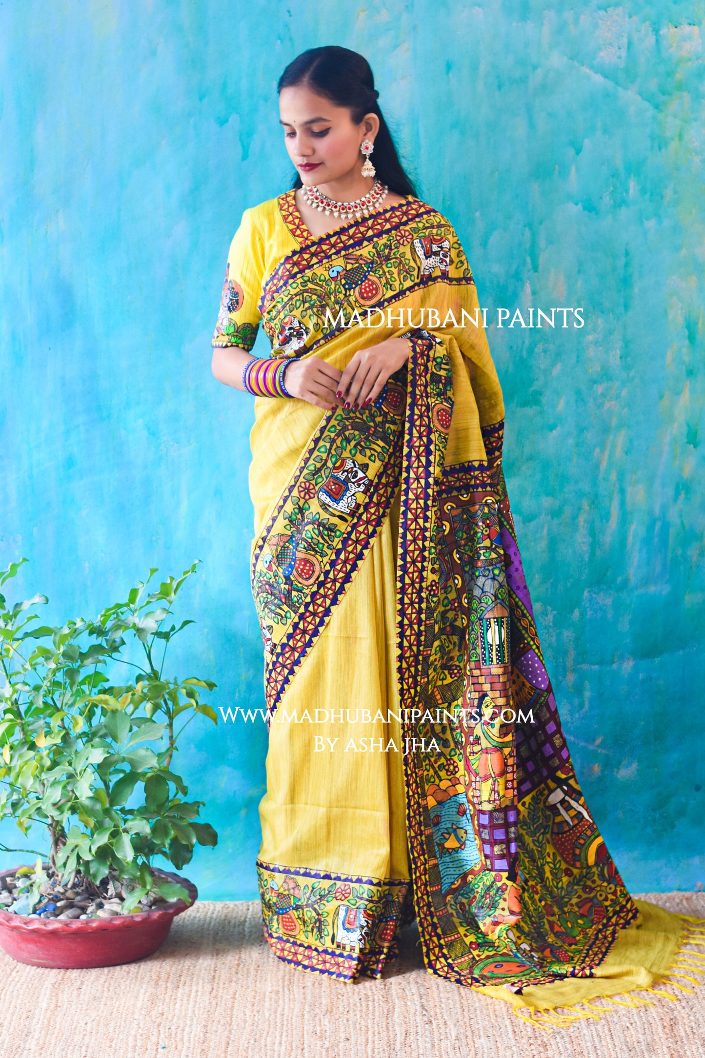 NANDLAAL KANHAIYA Handpainted Madhubani Chanderi Silk Saree Blouse Set