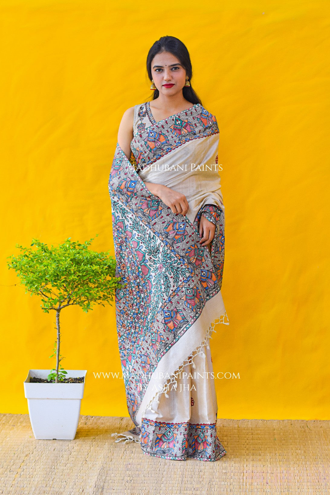 'MITHILA KI MAACH' Hand-painted Madhubani Tussar Silk Saree