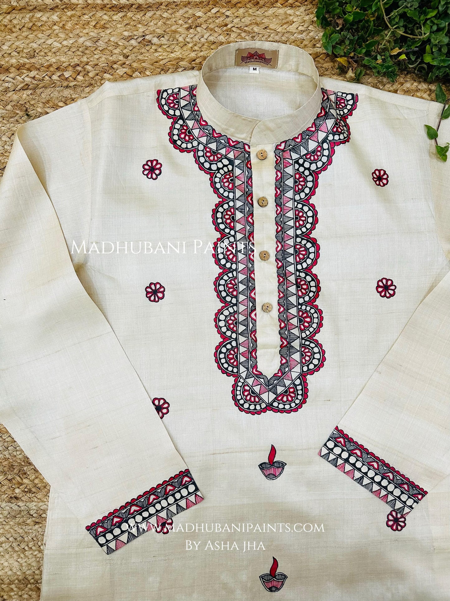 Phool Diya Hand-painted Beige Madhubani Men's Tussar Silk Kurta