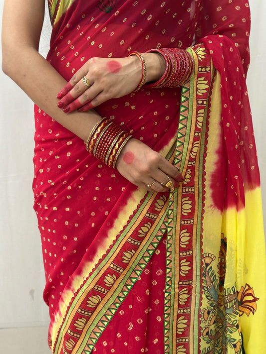 BHAKTI BHAVA Chhath Puja Hand painted Madhubani Bandhini Georgette Saree Blouse Set