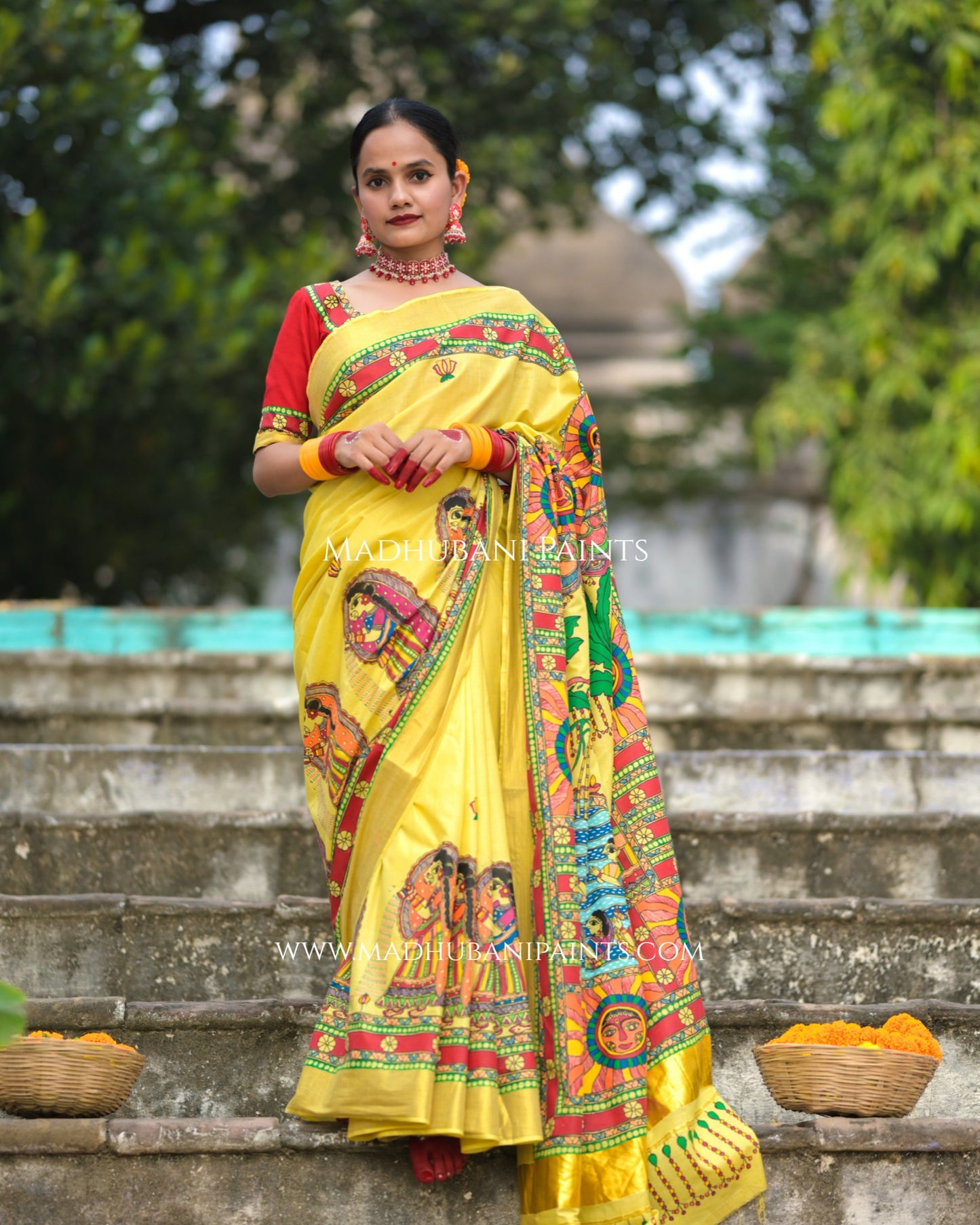 Surya Shalini Chhath Puja Handpainted Madhubani Cotton Saree Blouse Set