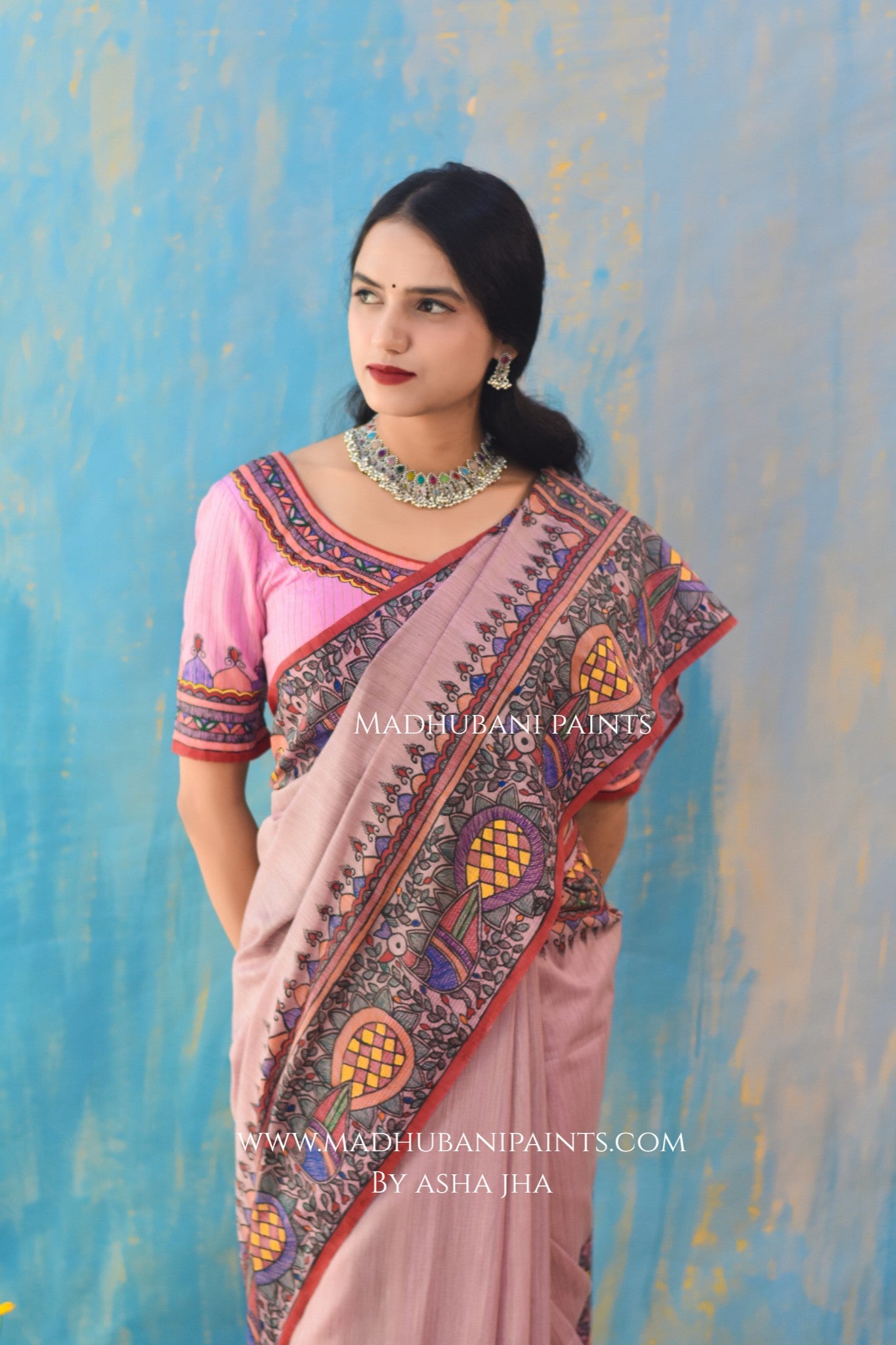 "Gulabi Ramayan" Hand-painted Madhubani Chanderi Saree Blouse Set