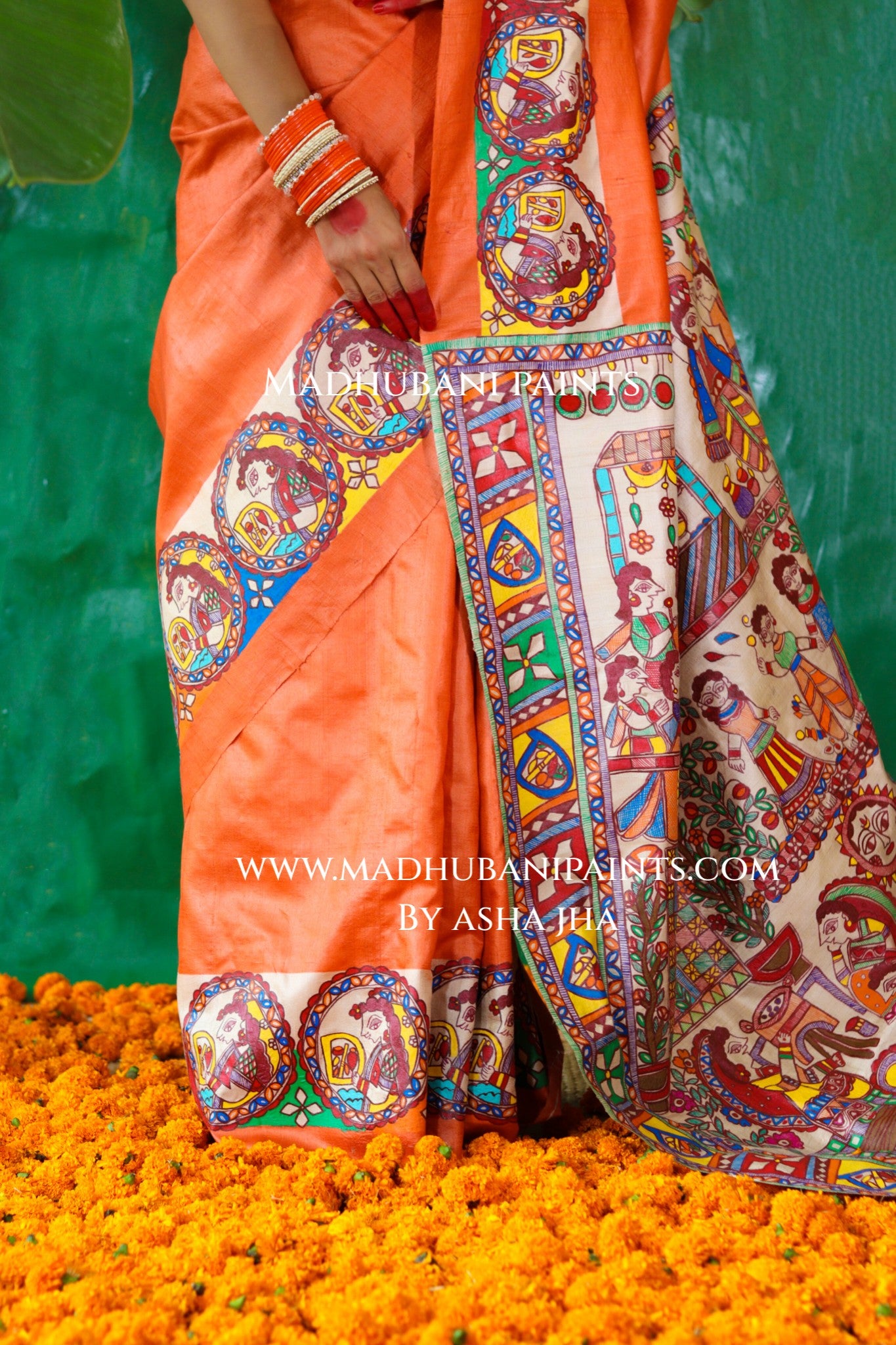 CHHATH PAWAN Handpainted Madhubani Tussar Silk Saree Blouse Set