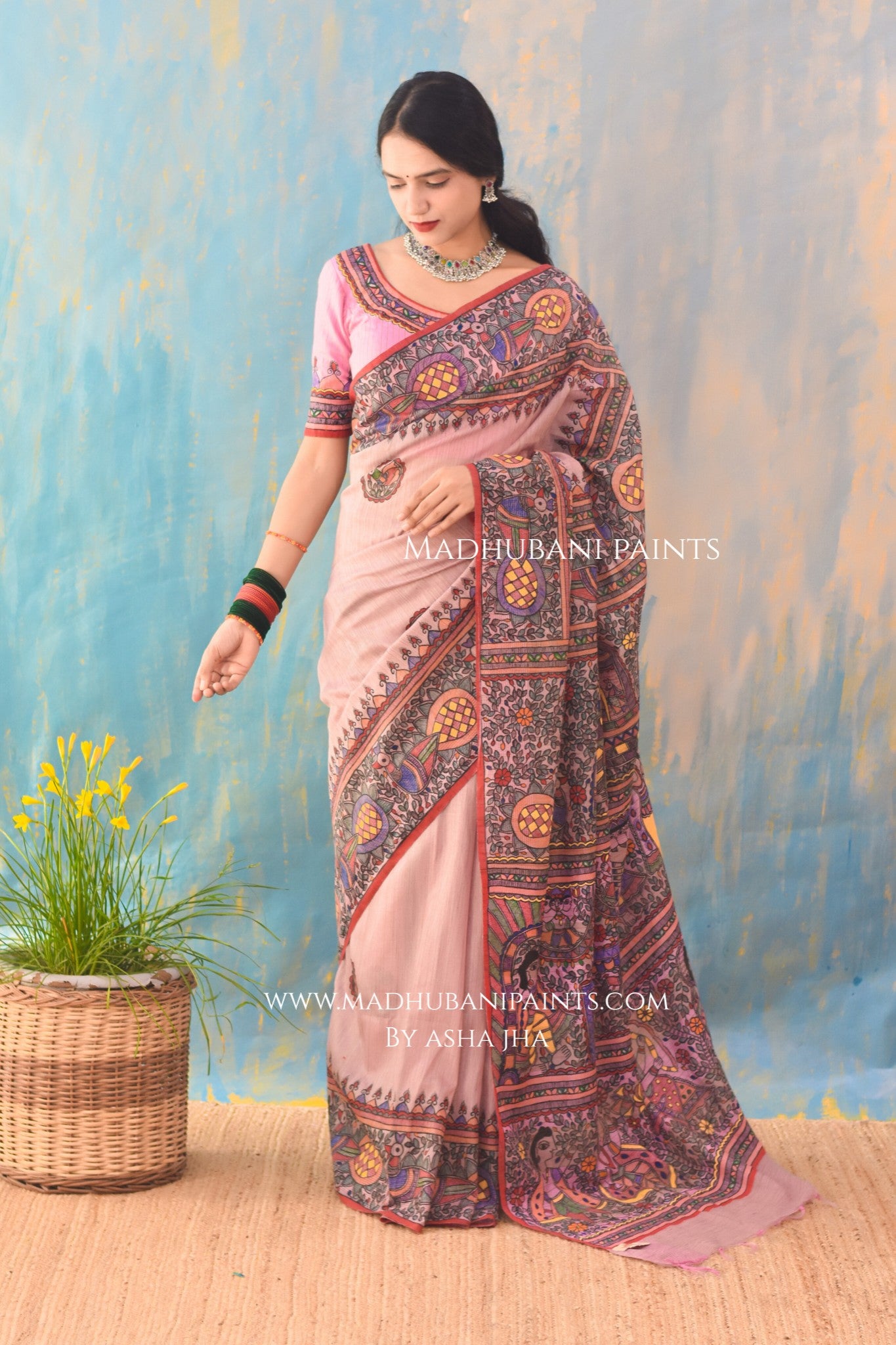 "Gulabi Ramayan" Hand-painted Madhubani Chanderi Saree Blouse Set