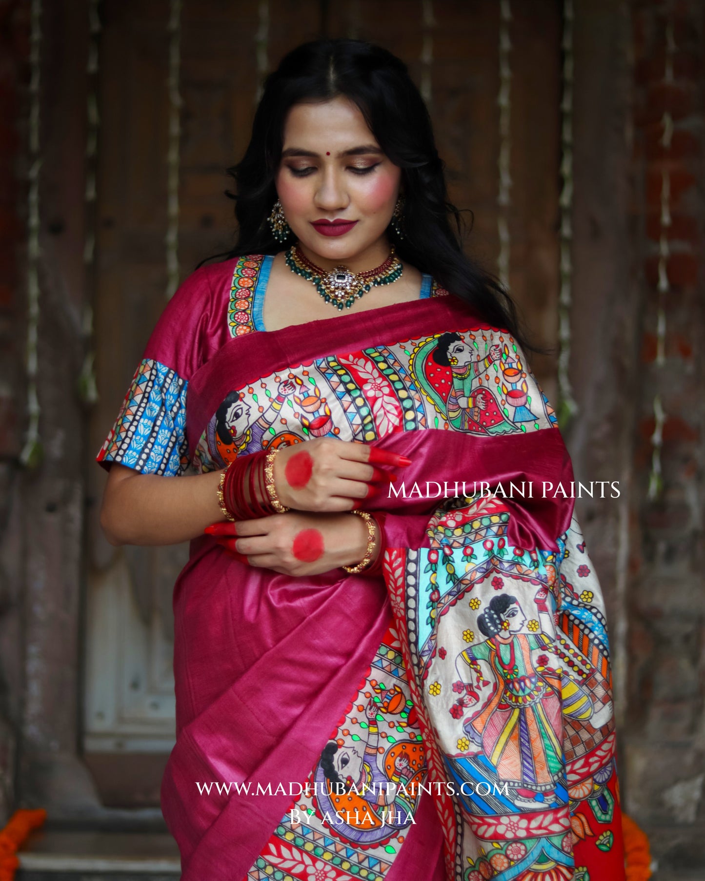 KAMAKHYA Handpainted Tussar Silk Madhubani Saree Blouse Set