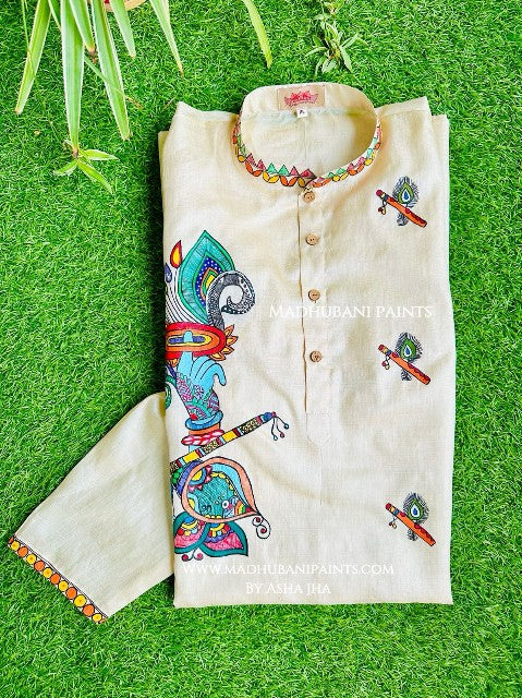 Krishna's Mor Paankh Boota Hand-painted Madhubani Men's Tussar Silk Kurta