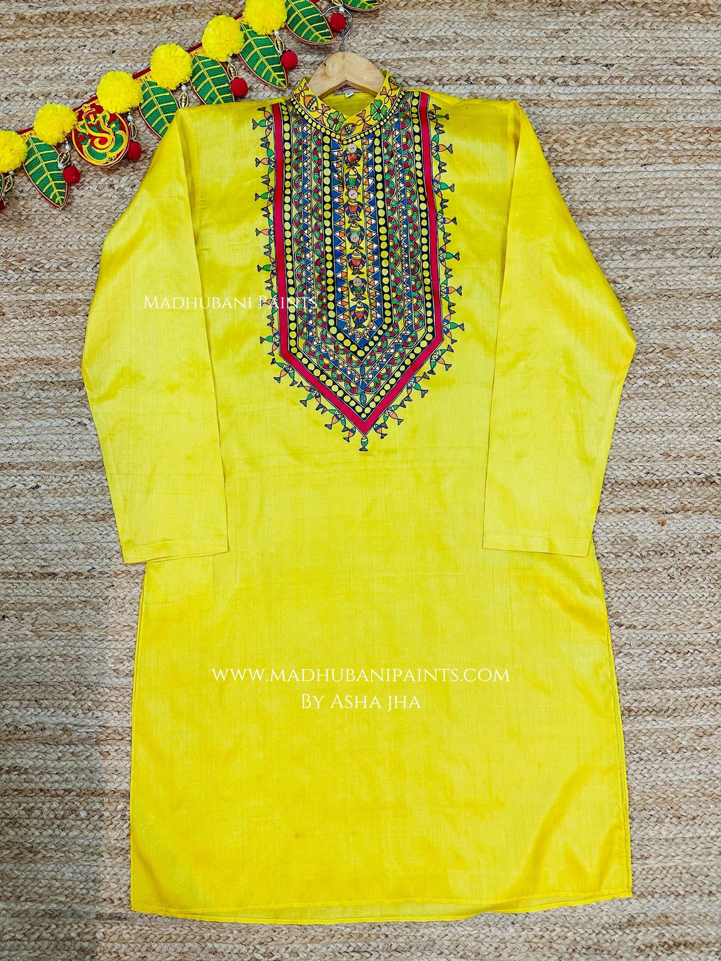 Yellow Surmai Kamal Hand-painted Madhubani Men's Tussar Silk Kurta