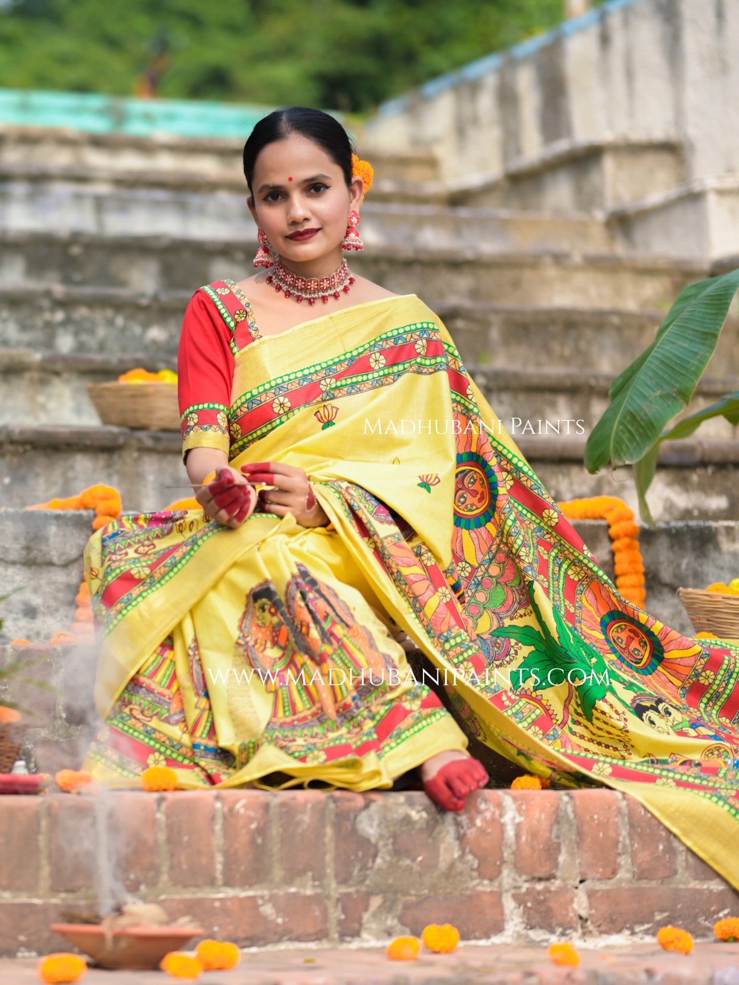 Surya Shalini Chhath Puja Handpainted Madhubani Cotton Saree Blouse Set