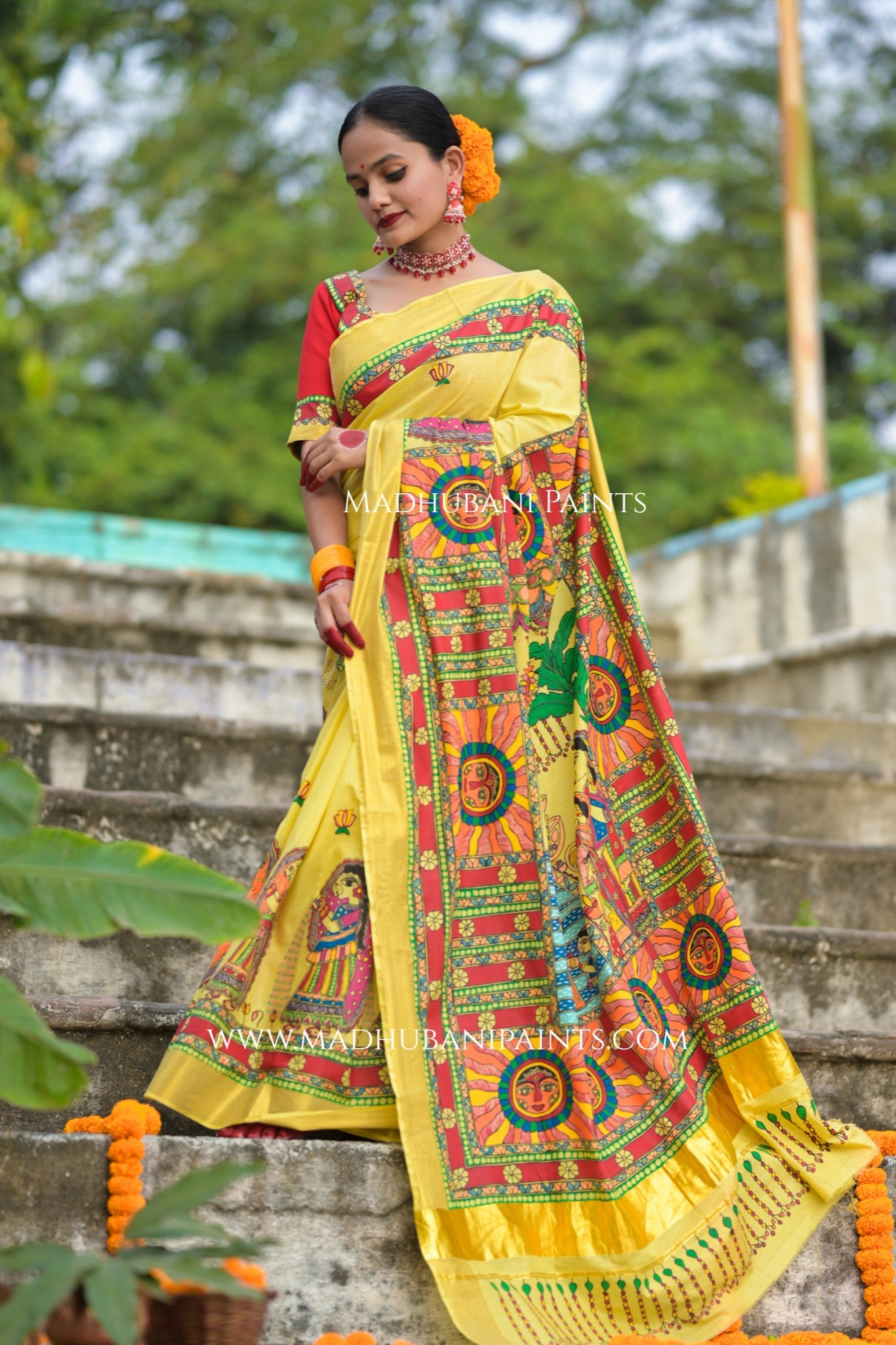 Surya Shalini Chhath Puja Handpainted Madhubani Cotton Saree Blouse Set