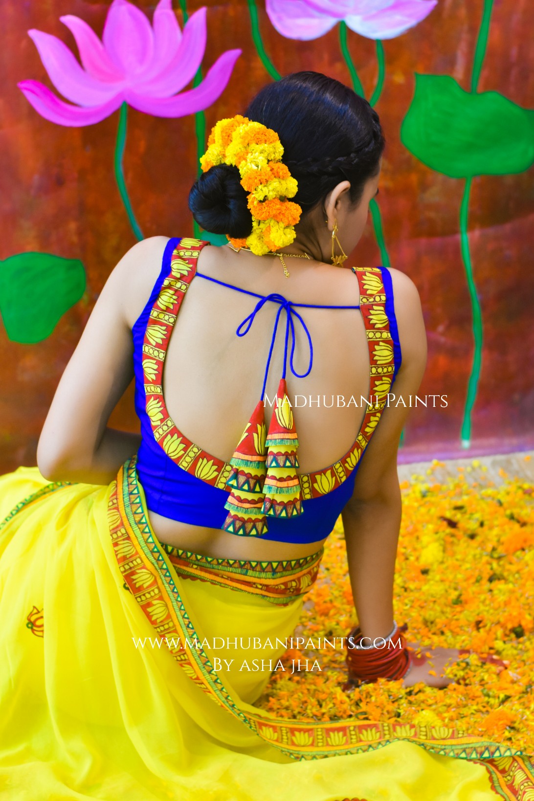 BHAKTI BHAVA Chhath Puja Hand painted Madhubani Georgette Saree Blouse Set