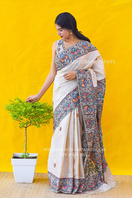 'MITHILA KI MAACH'  Hand-painted Madhubani Tussar Silk Saree Blouse Set