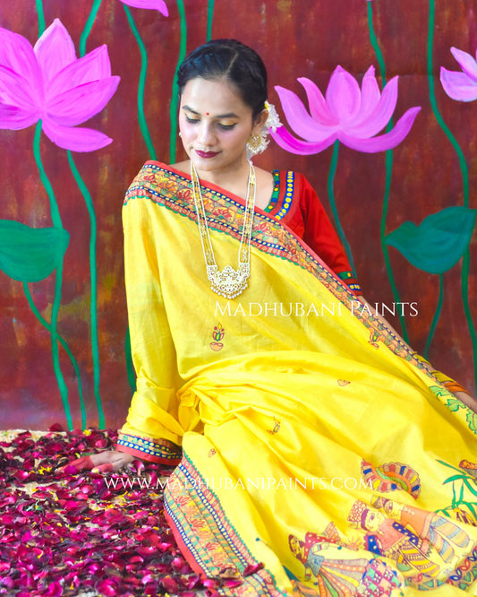 SURYA KIRAN Chhath Puja Hand painted Madhubani Mul Cotton Saree Blouse Set
