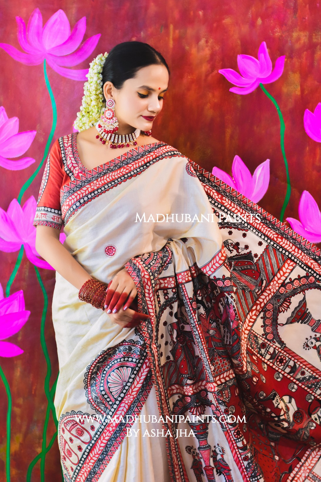 "JAYSHREE" Handpainted Madhubani Tussar Silk saree blouse set