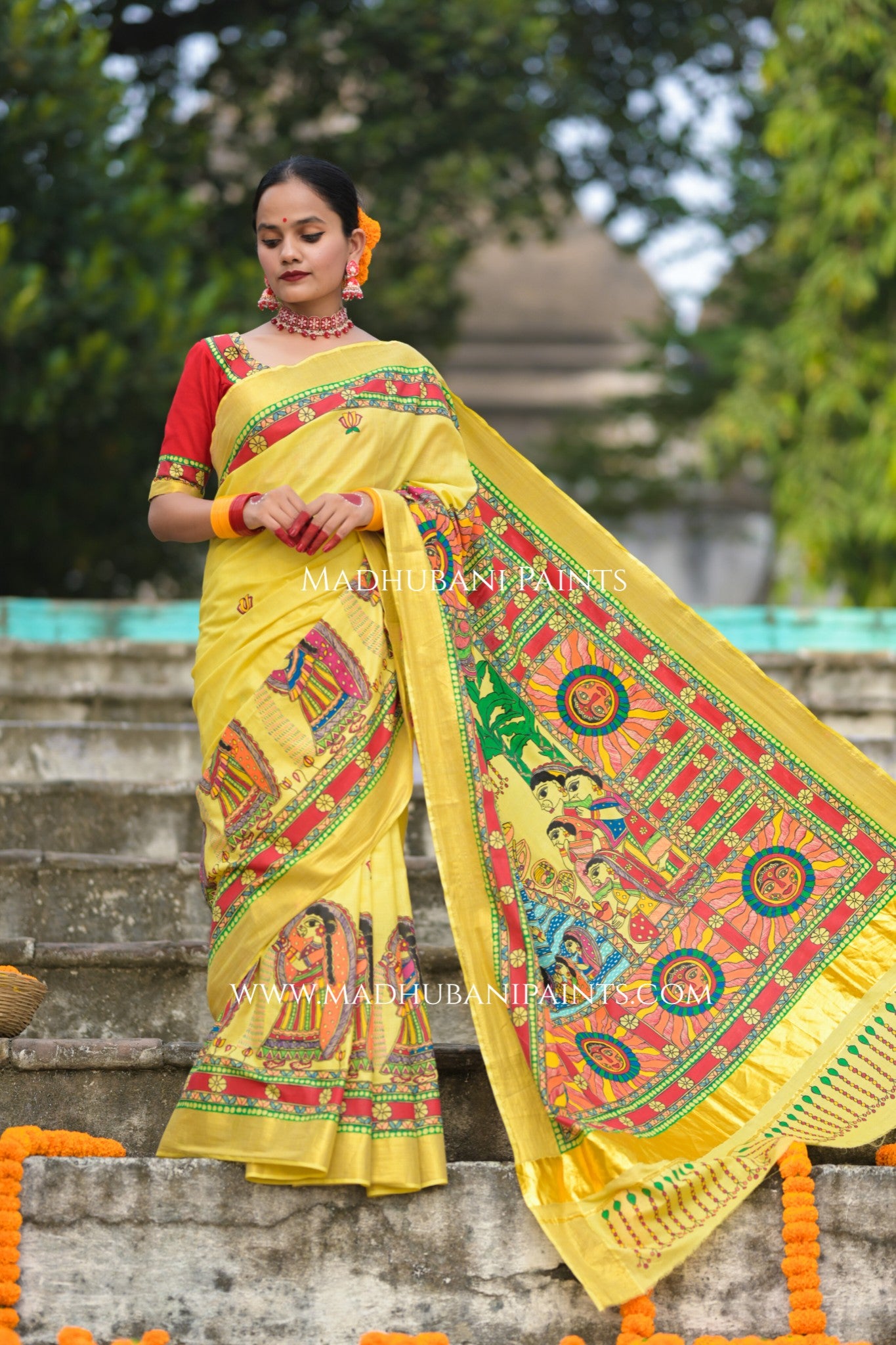 Surya Shalini Chhath Puja Handpainted Madhubani Cotton Saree Blouse Set