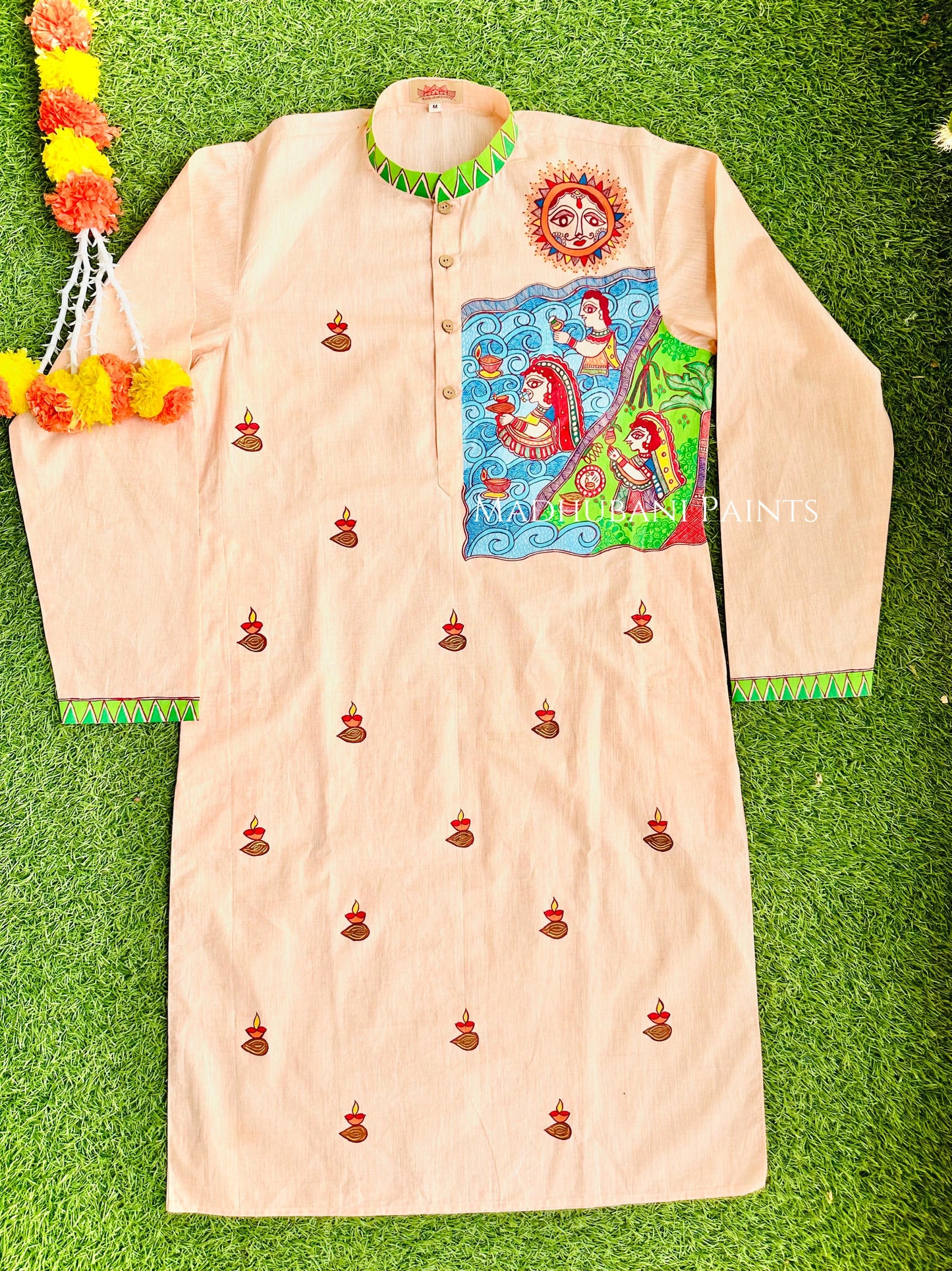 Peach Chhath Puja Hand-painted Madhubani Men's Cotton Kurta