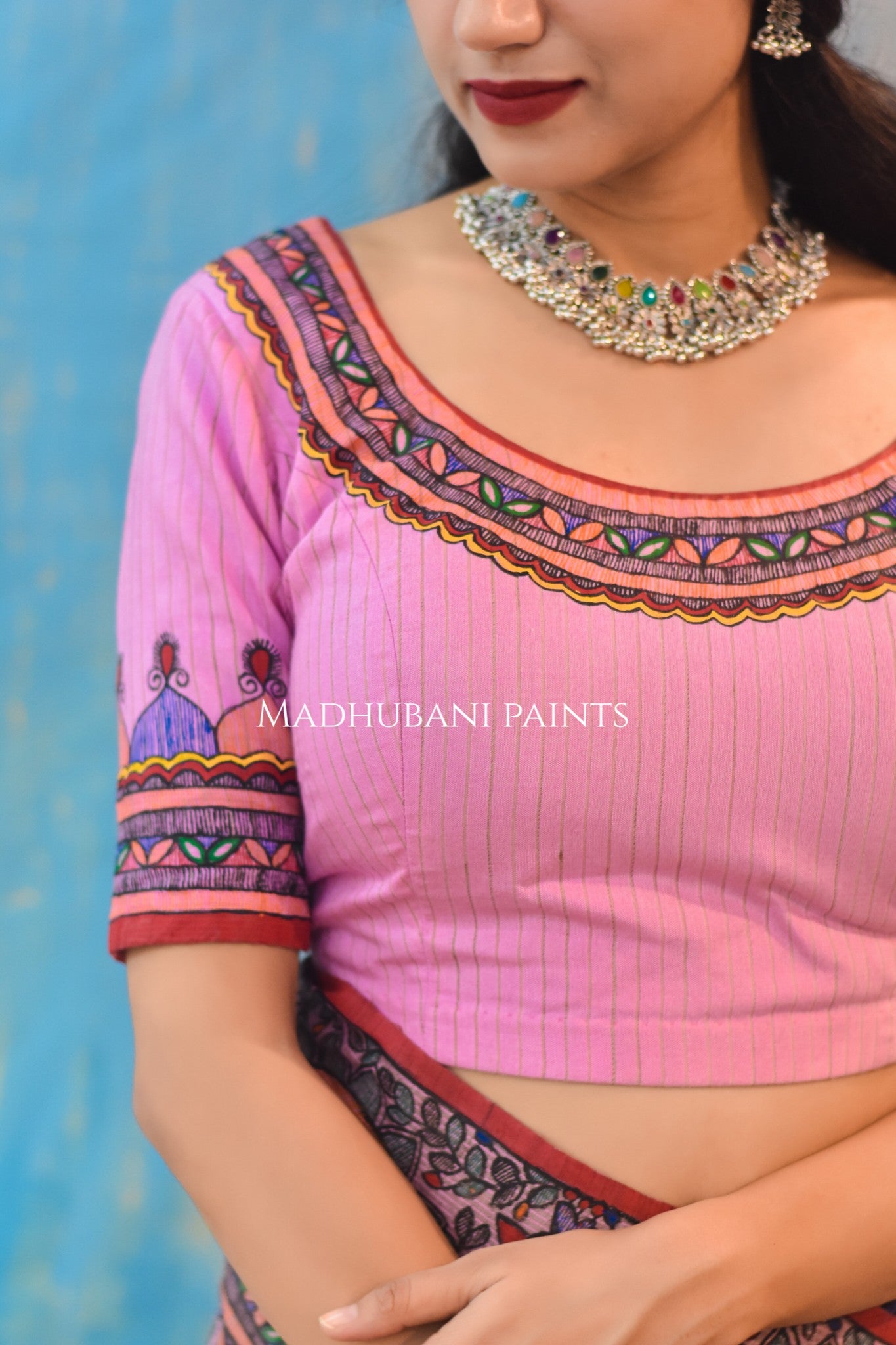 "Gulabi Ramayan" Hand-painted Madhubani Chanderi Saree Blouse Set
