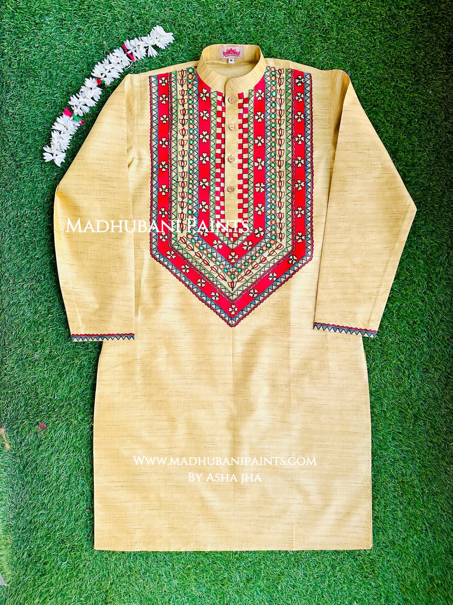 Yellow Phool Kamal Hand-painted Madhubani Men's Cotton Kurta