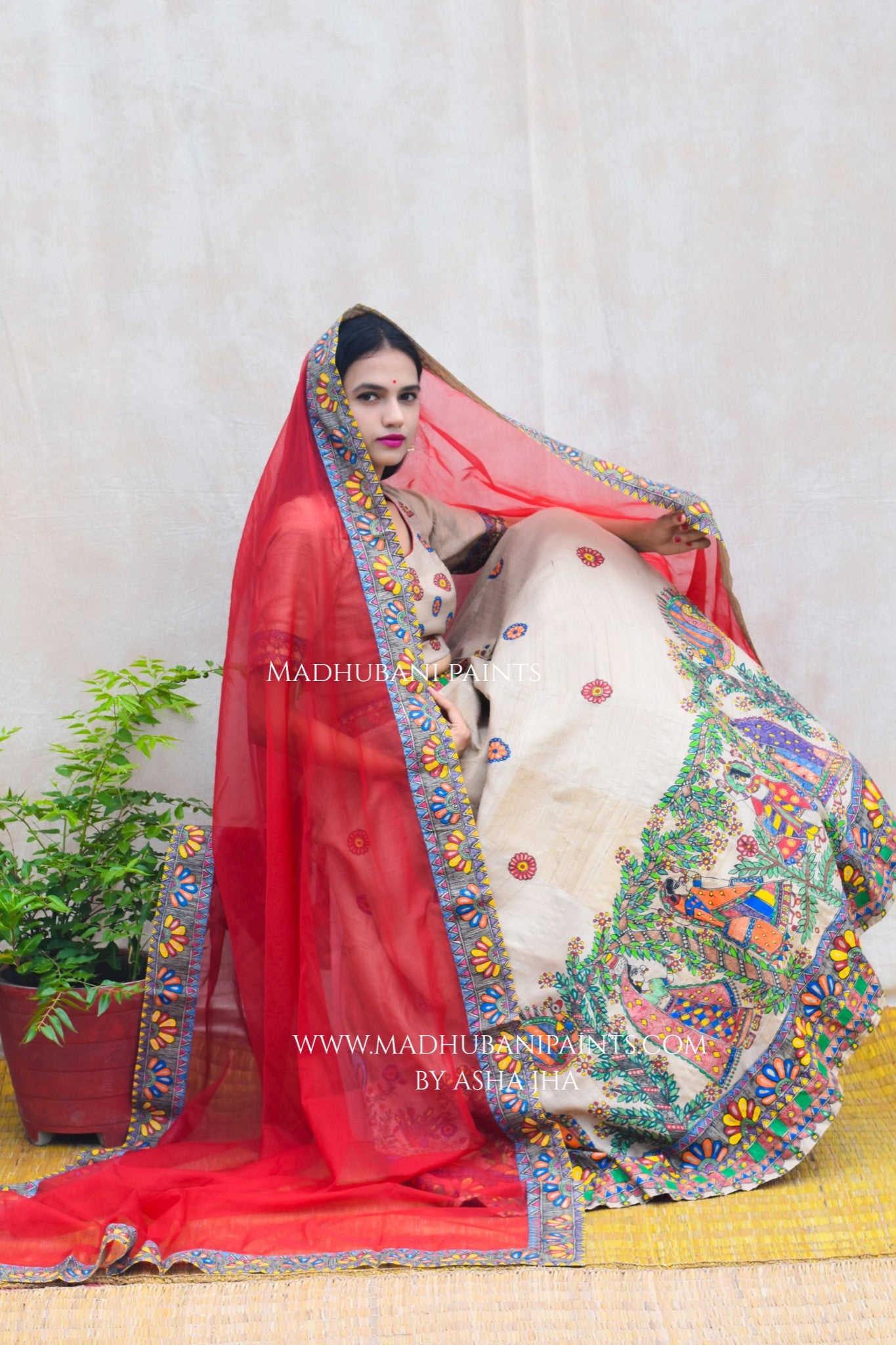 RADHA KRISHNA SANGEET Hand-painted Madhubani Lehnga