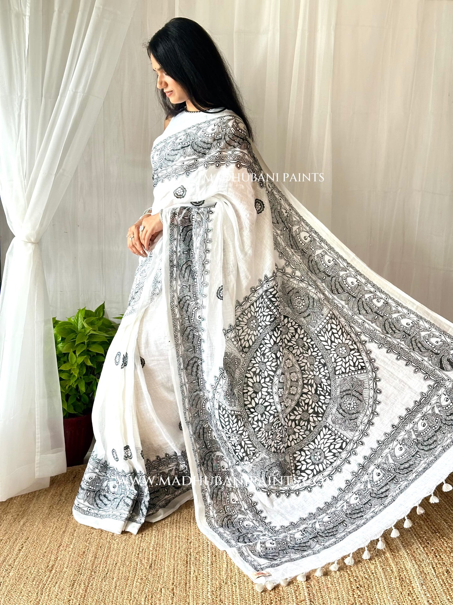Linen Sagar Shringar Hand-painted Madhubani Painting Saree