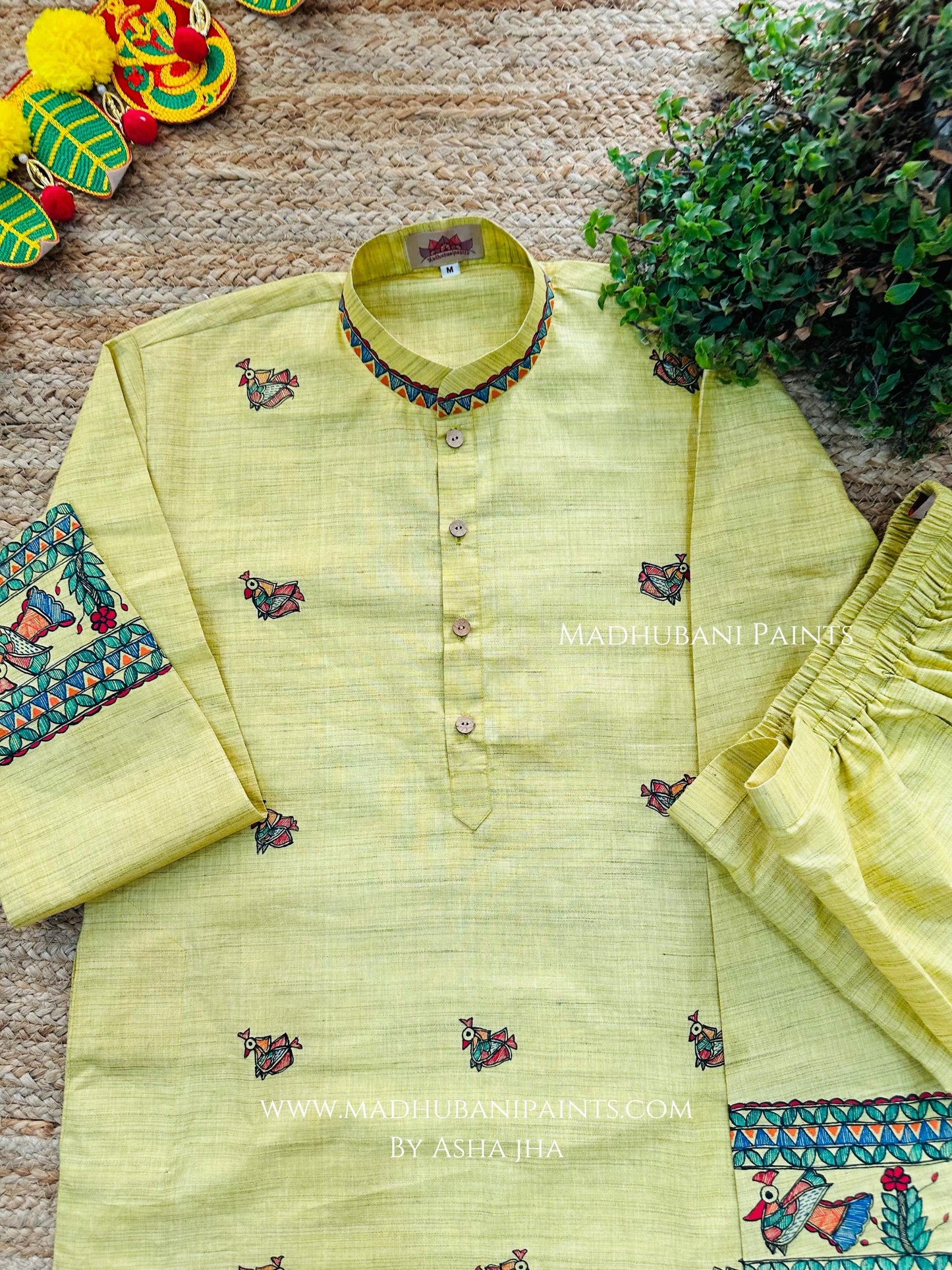 Yellow Mayuri Men’s Hand-painted Handloom Cotton Kurta