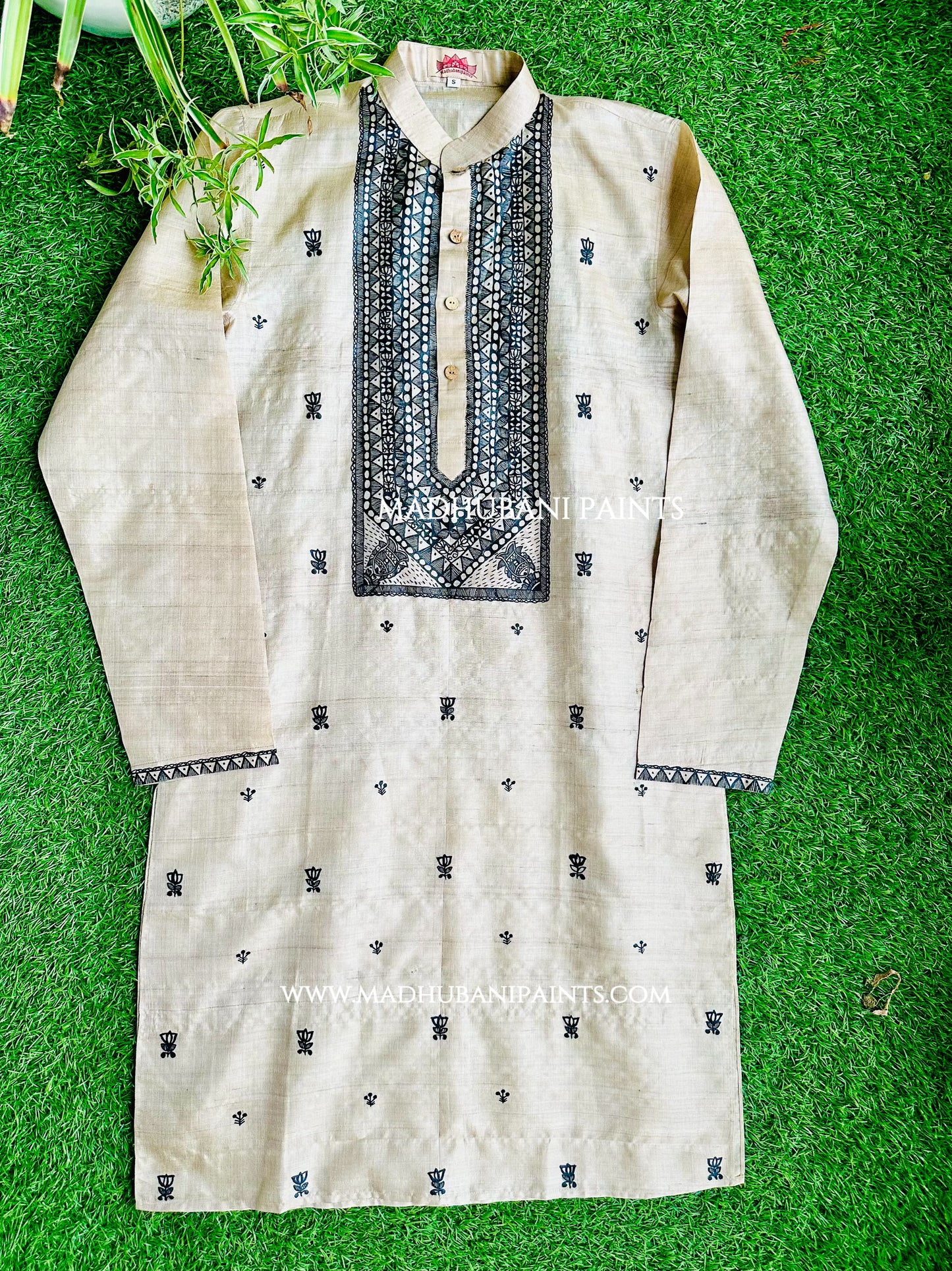 Mithila Kamal Matsya Leela Hand-painted Madhubani Men's Tussar Silk Kurta