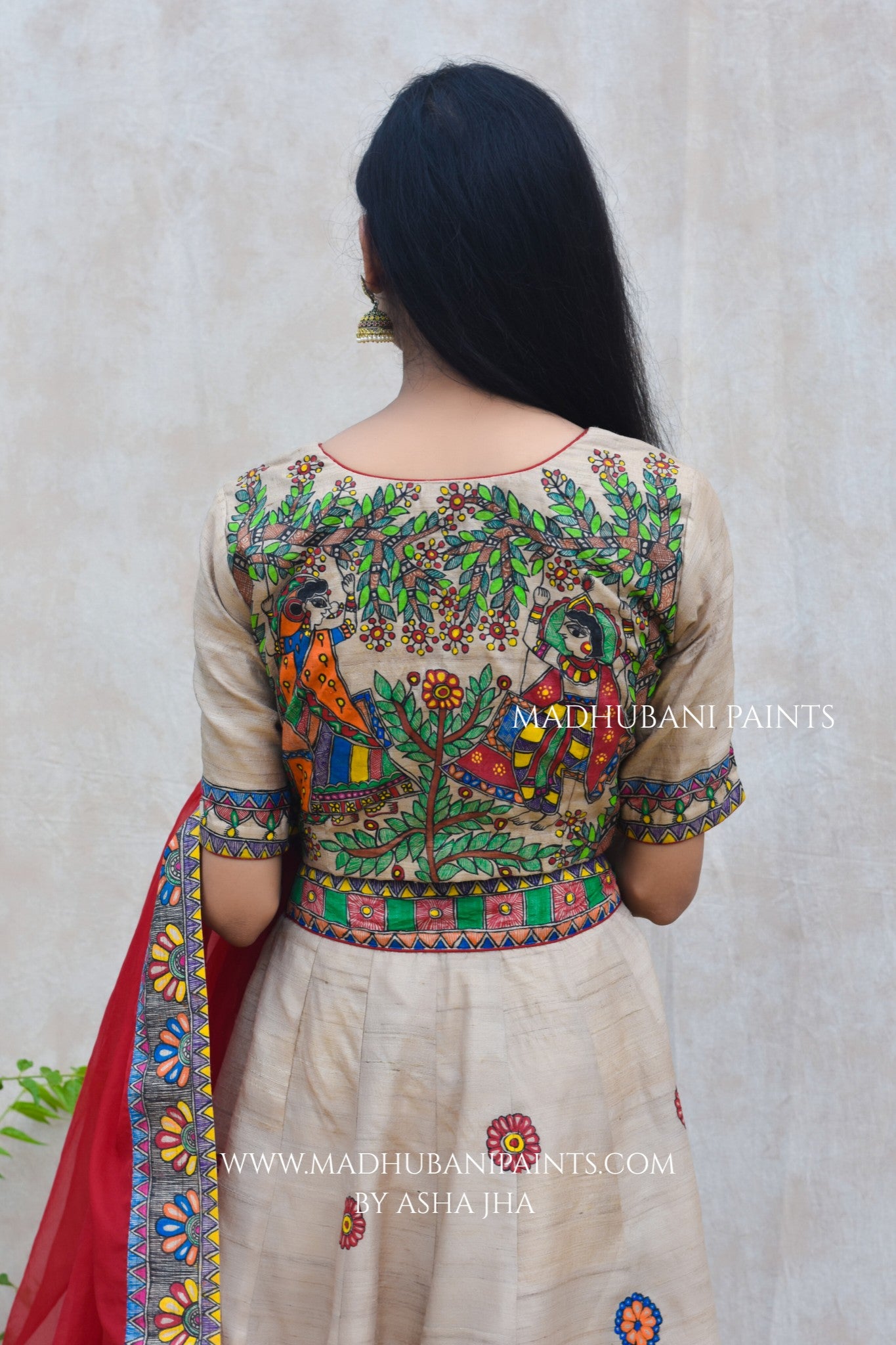 RADHA KRISHNA SANGEET Hand-painted Madhubani Lehnga