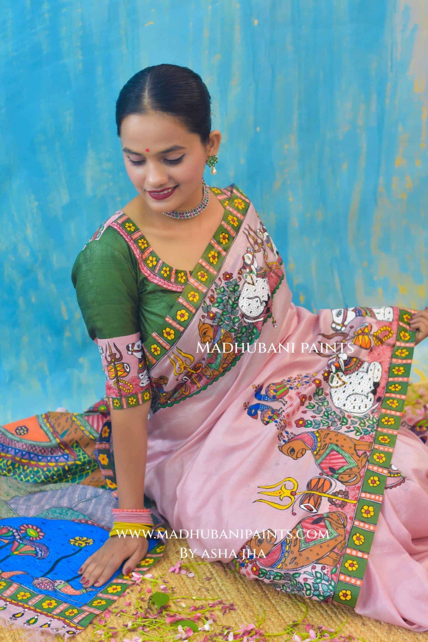UMAMAHESHWAR ARDHNARISHWAR Hand-painted Madhubani Tussar Silk Saree Blouse Set