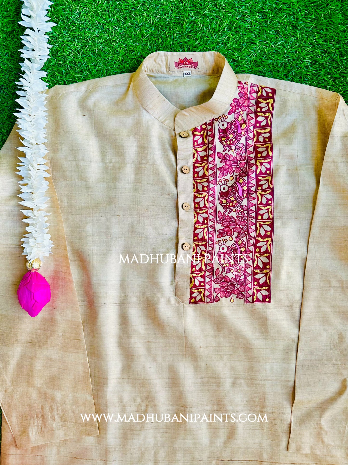 Maroon Golden Mithila Border Hand-painted Handloom Men's Tussar Silk Kurta