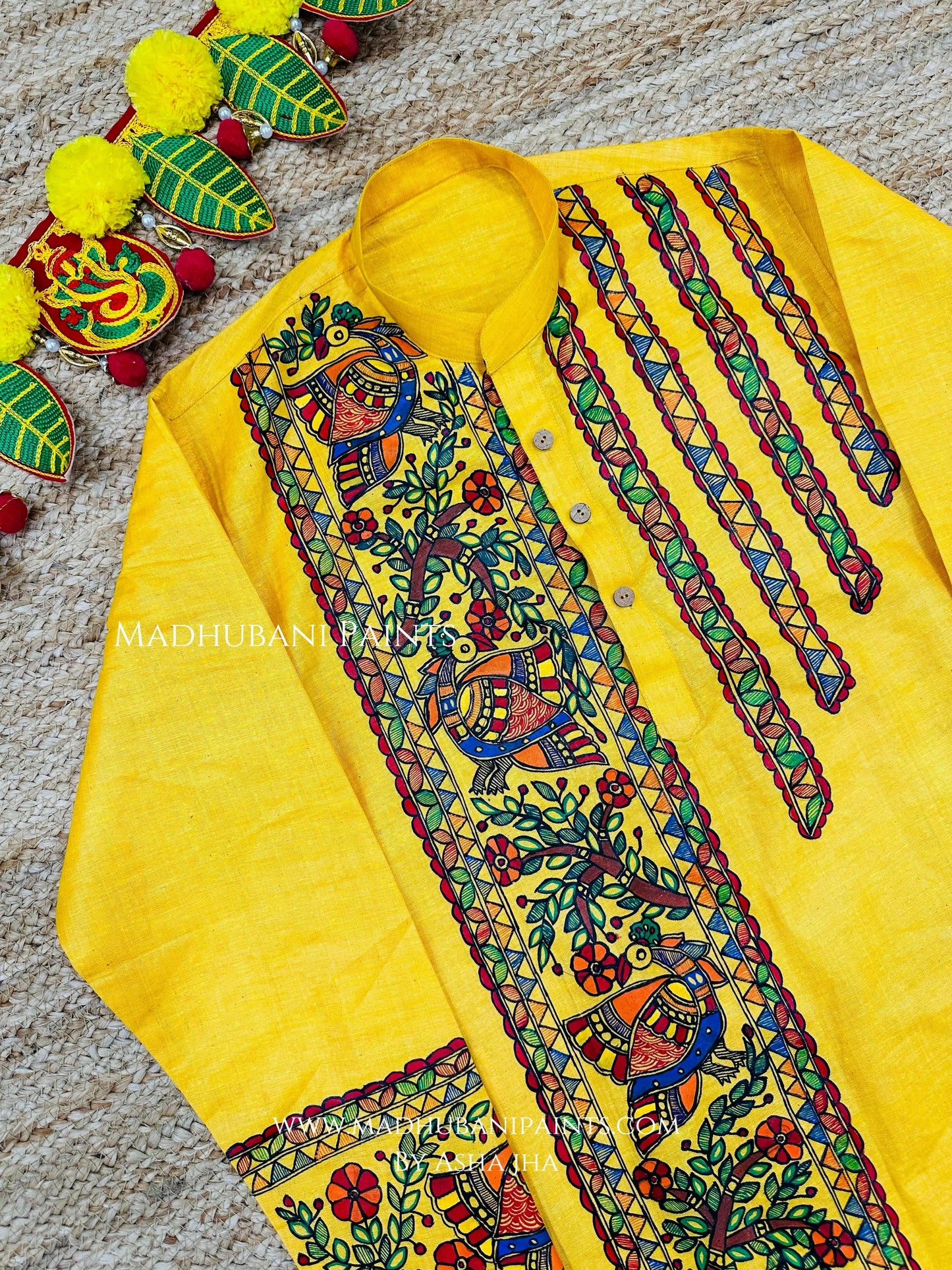 Yellow Mayuri Hand-painted Handloom Men's Cotton Kurta