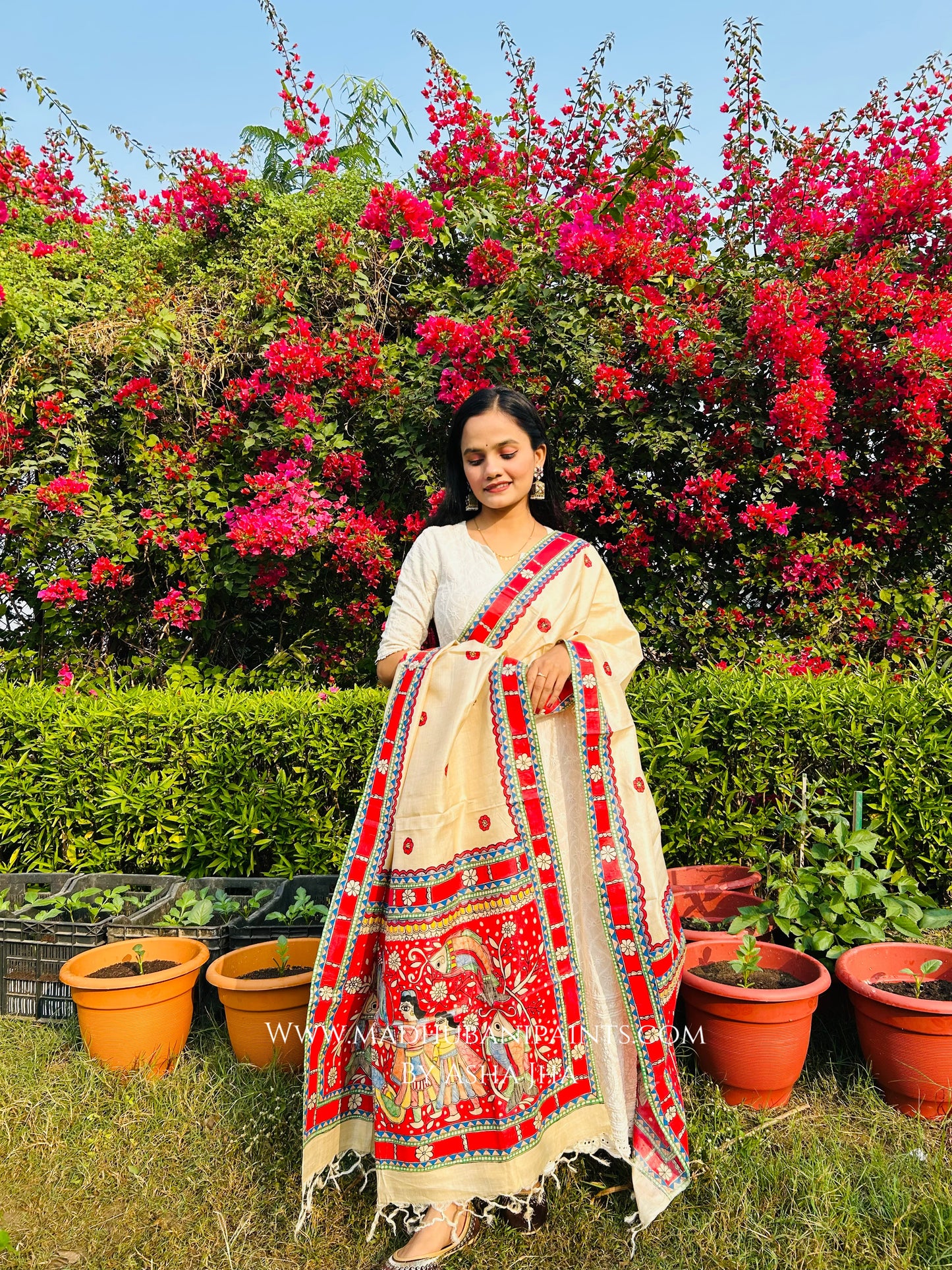 'DOli KA HAAR' Handpainted Madhubani Tussar Silk Dupatta