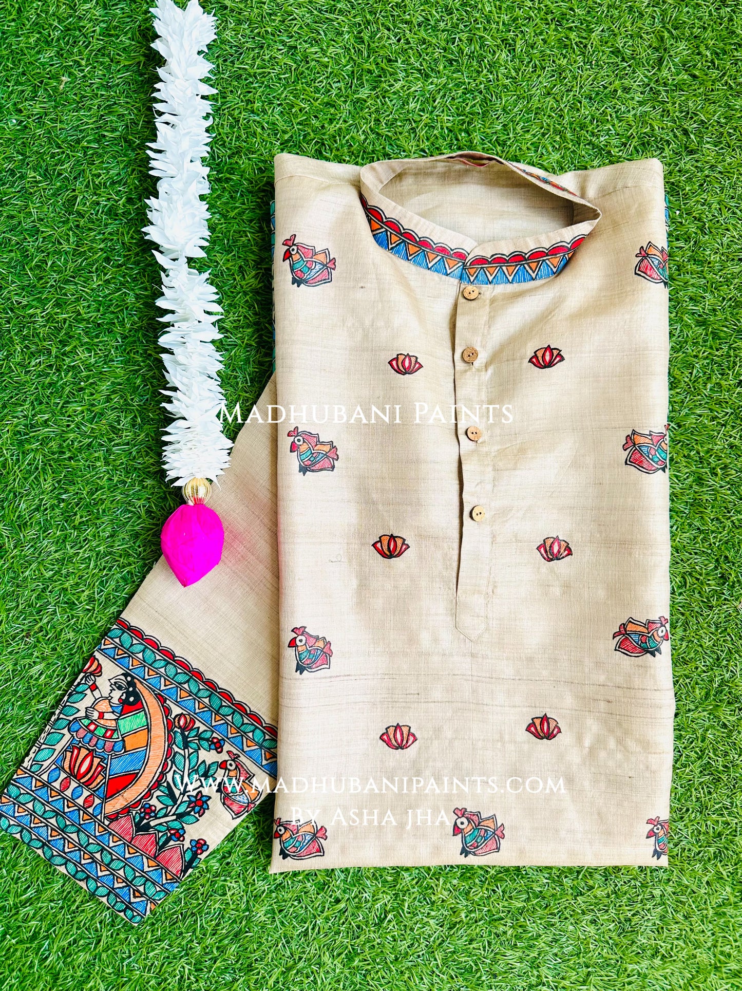 Radha Krishna Mayuri Hand-painted Handloom Men's Tussar Silk Kurta