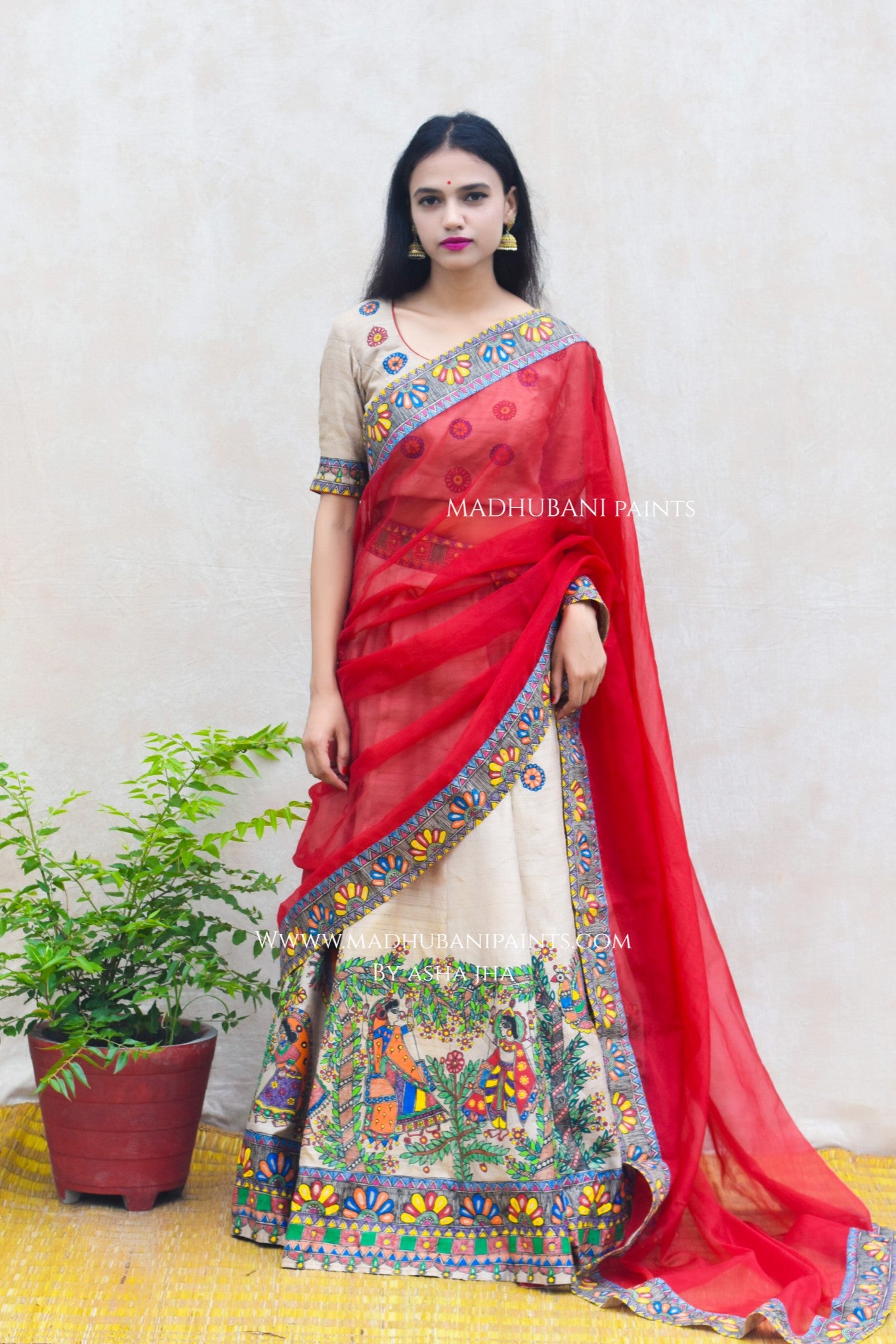 RADHA KRISHNA SANGEET Hand-painted Madhubani Lehnga