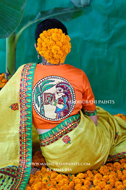VRATI Chhath Puja Handpainted Madhubani Tissue Linen Saree Blouse Set