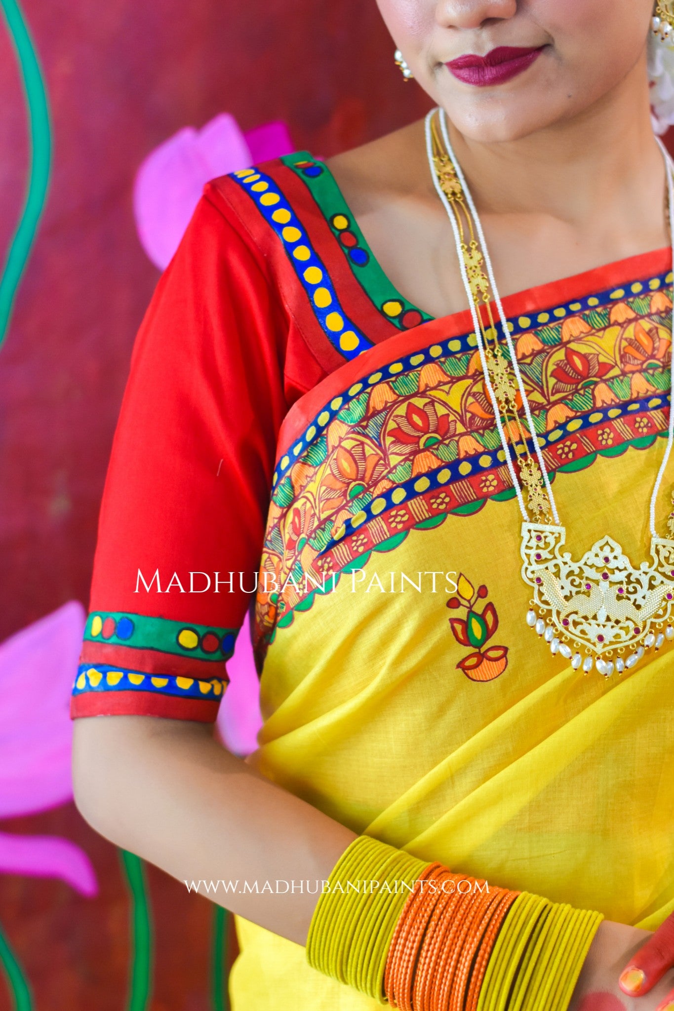 SURYA KIRAN Chhath Puja Hand painted Madhubani Mul Cotton Saree Blouse Set